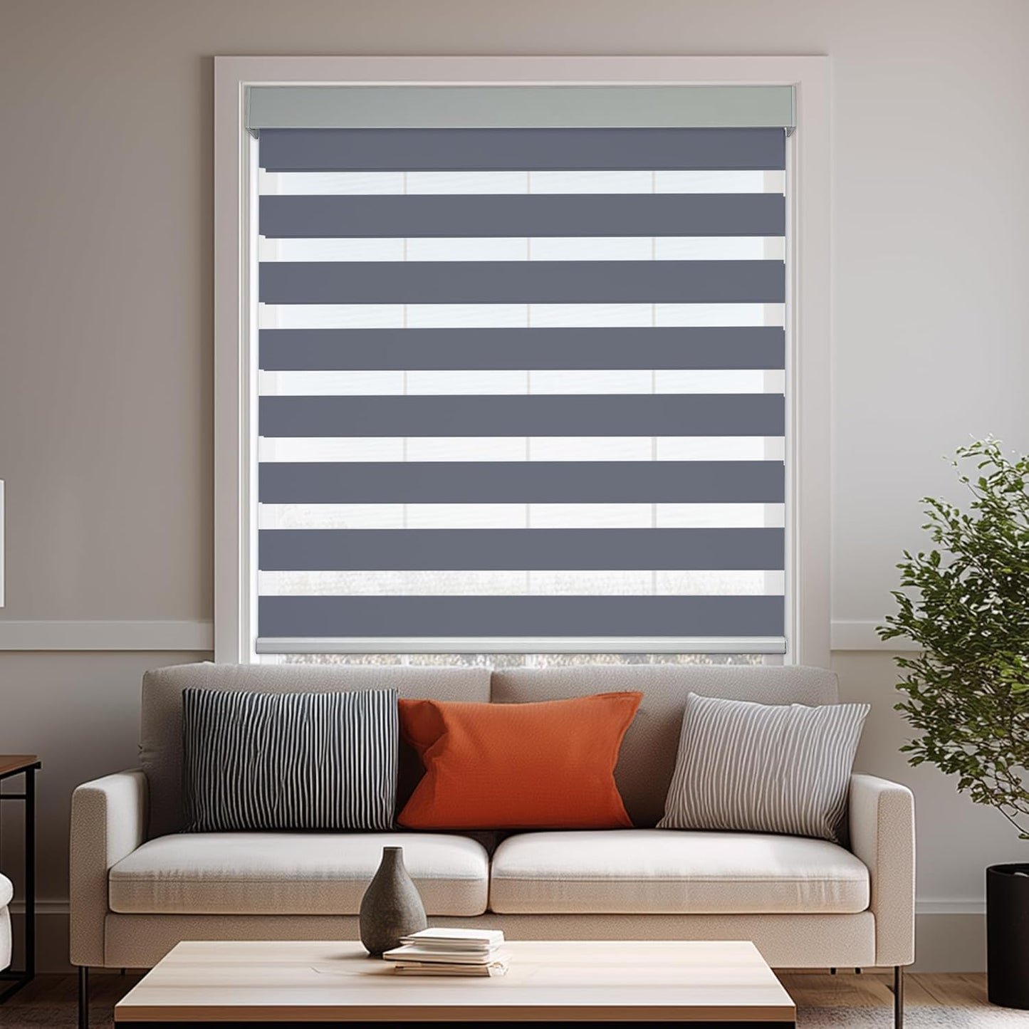 HESTIA Cordless Zebra Blinds Light Filtering Roller Shades UV Blocking Blackout Privacy Indoor Window Blind for Home Office Day and Night, Blue Grey,34" W x 48" H