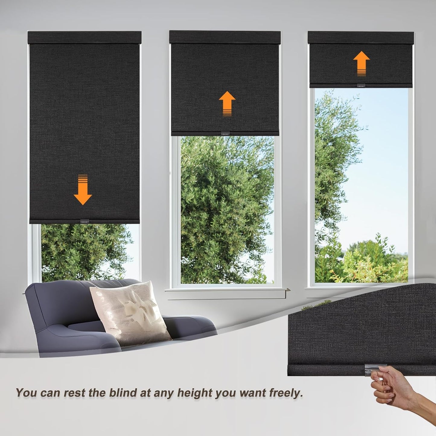 Persilux Free-Stop Cordless Blinds for Indoor Windows with Cover, Window Shades Blackout Roller Blinds, Thermal Insulated Fabric UV Protection for Kitchen, Office, Living Room, Black(84.5" W x 48" H)