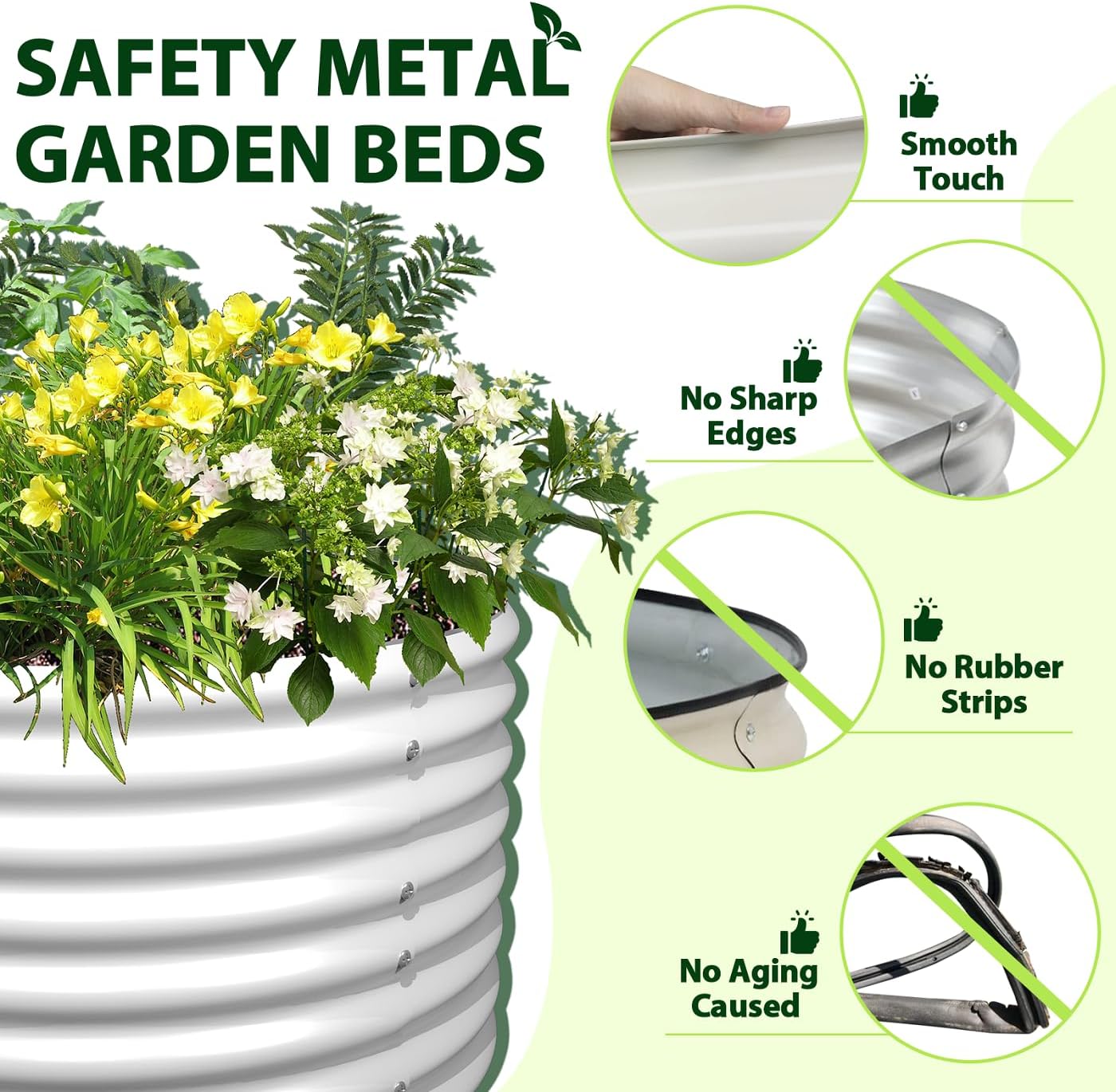 A ANLEOLIFE 6X3X2 ft Galvanized Raised Garden Beds Outdoor-4 Pack, Oval Large Metal Deep Root Planter Box for Planting Vegetables Flowers Herb, Anti-Rust & Easy-Setup, Antique White