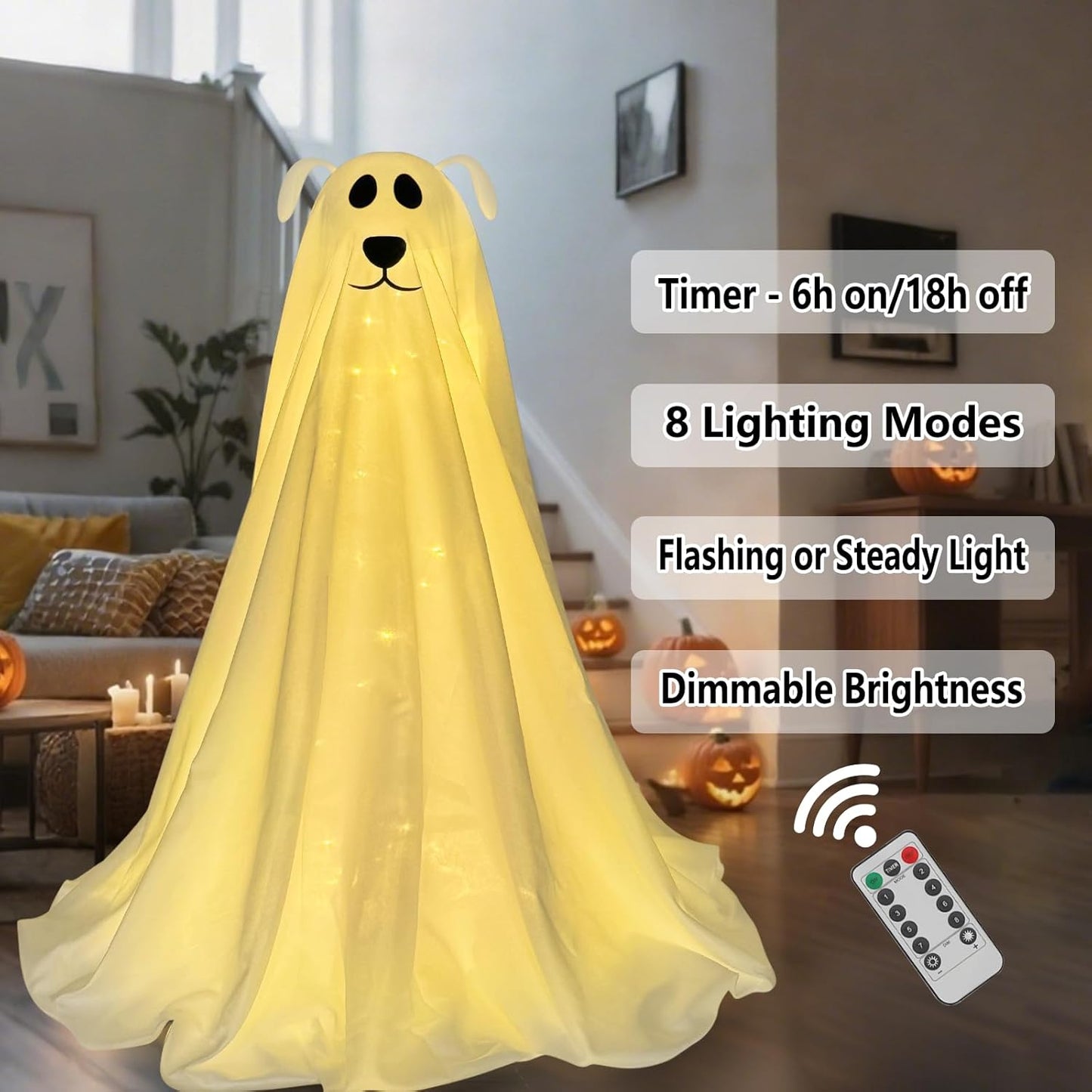 DAZONGE Halloween Decorations, Light-Up Freestanding Spooky Ghost Dog with Remote String Lights Battery Operated, Halloween Ghost Dog for Front Door Porch Yard Lawn Home Party