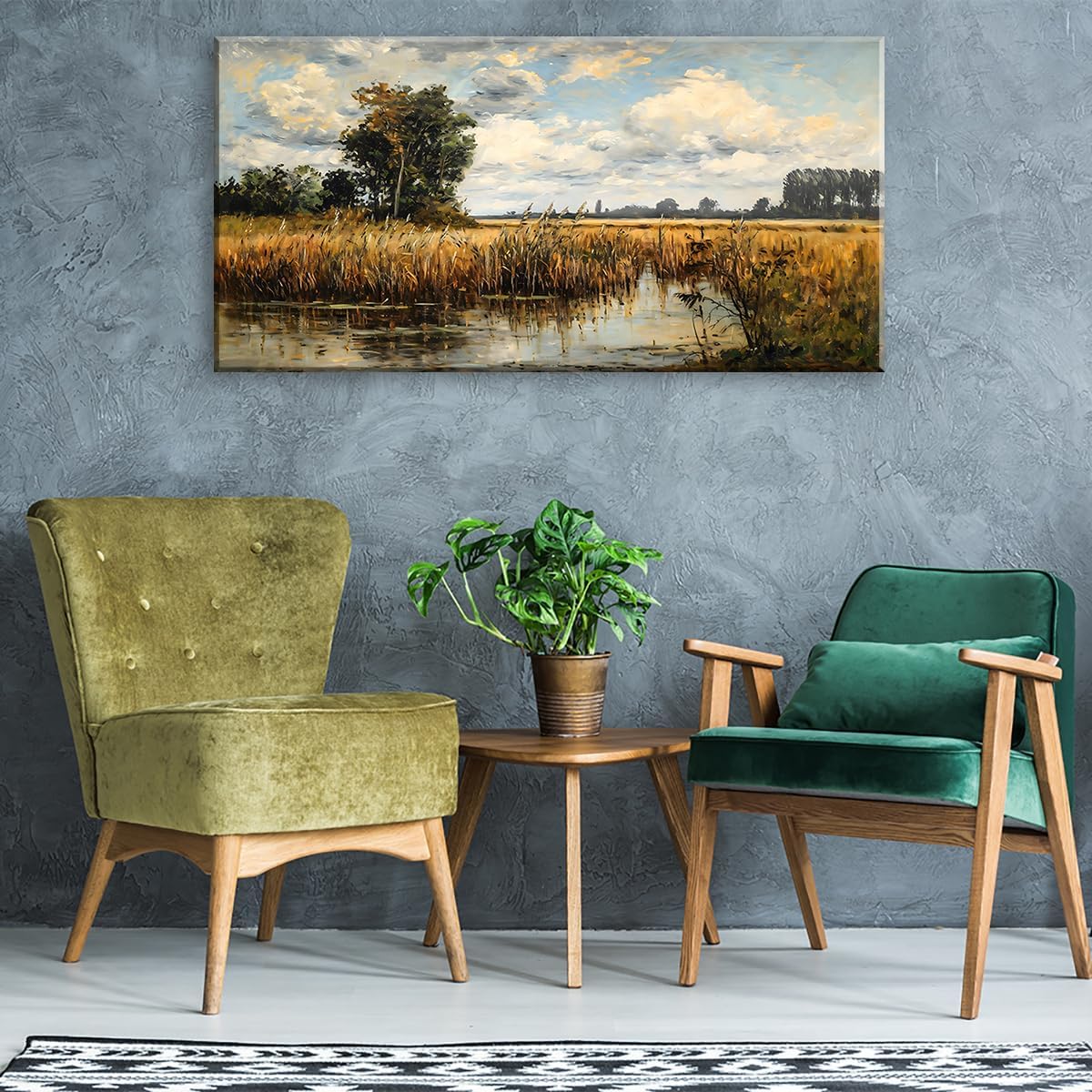 LASMOND Beautiful Wilderness Meadow Canvas Wall Art Oil Painting Reproduction Print Vintage Wildflower Field Scenery Countryside Landscape Tree Rustic Retro Decor Artwork for Country Farmhouse Bedroom 20x40 Inches