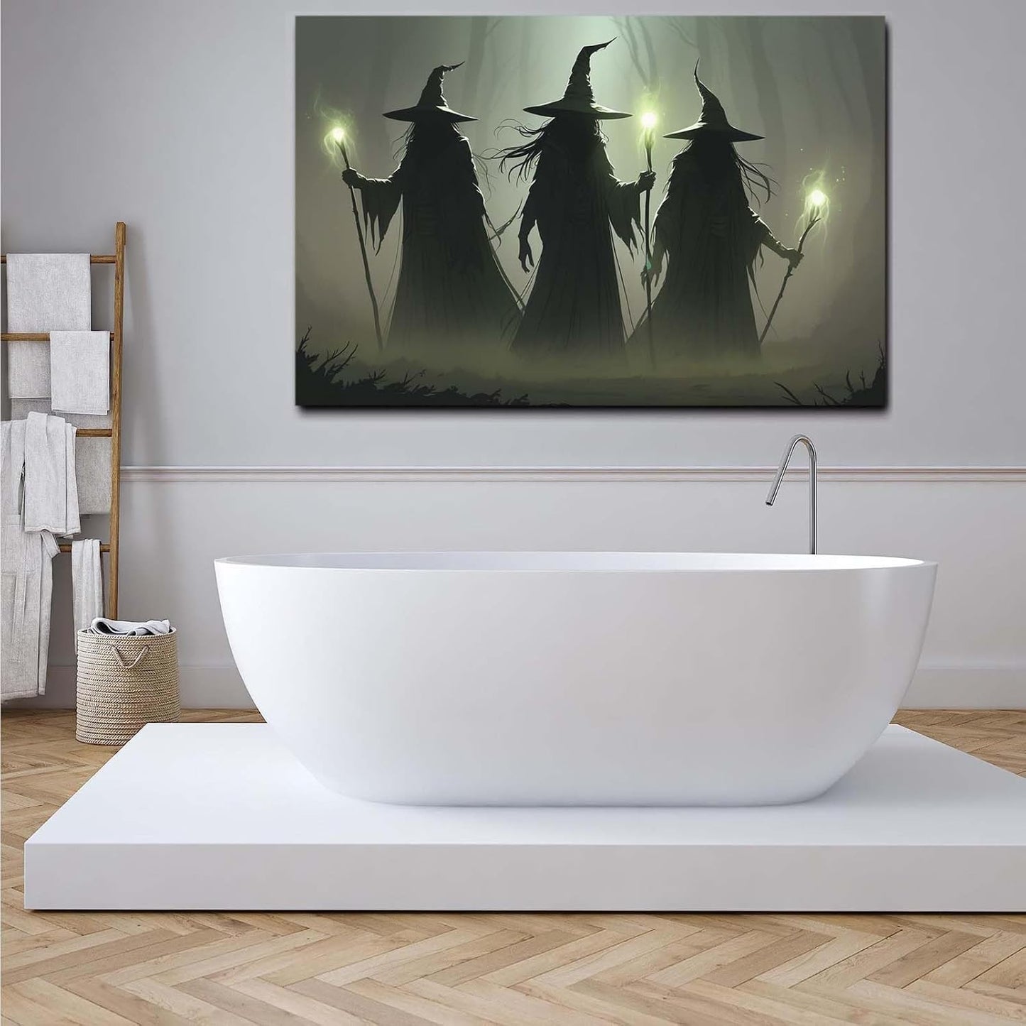 JFHCQJPK Vintage 3 witches canvas wall decor melancholy dark Halloween poster wall decor holding a staff print Gothic horror Halloween painting print for living room bedroom28x40in Frameless