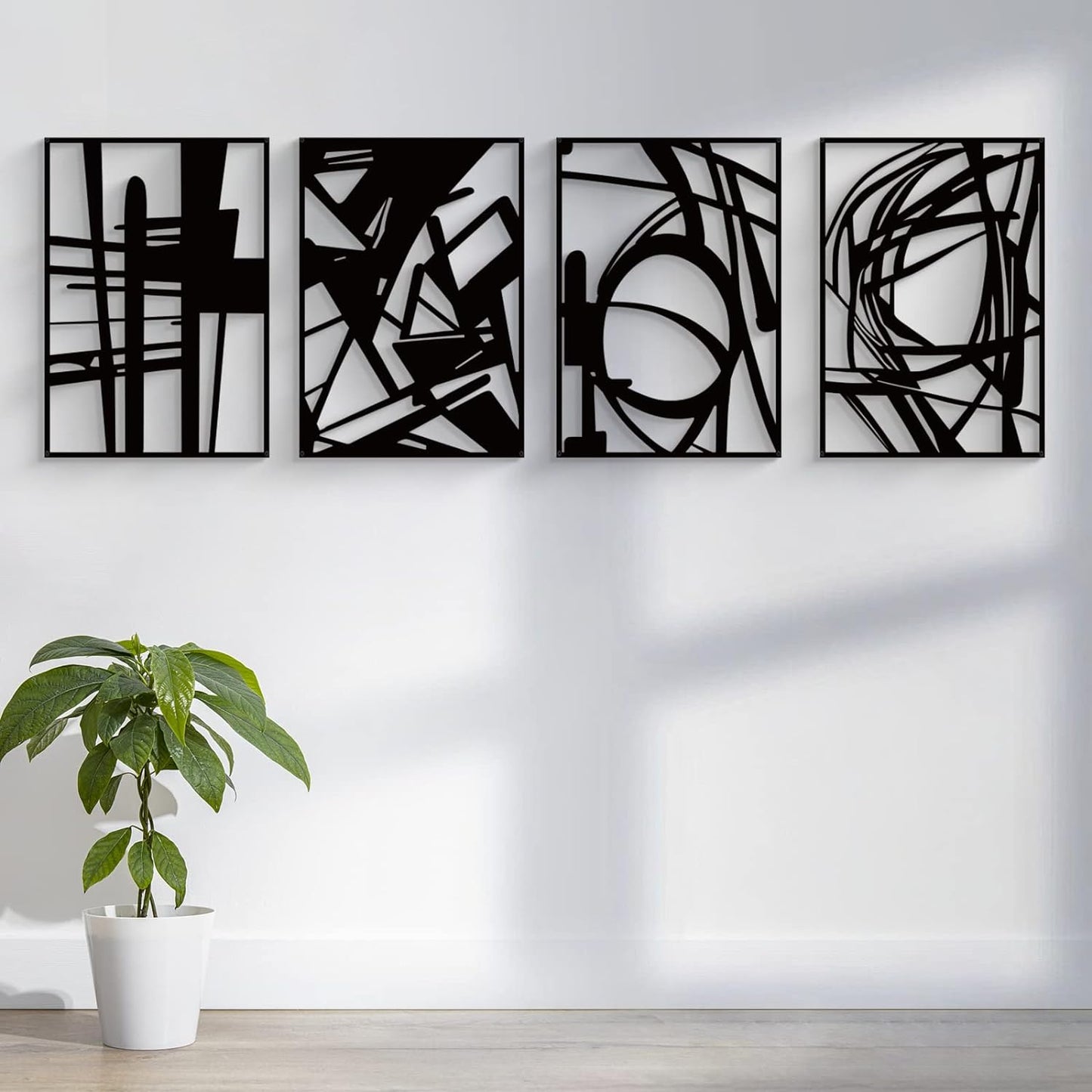Glamativity Large 4 Pack Black Abstract Metal Wall Art, Minimalist Décor Single Line Art Wall Décor, 3D Textured Metal Wall Sculptures, for Living Room Bedroom Bathroom Study Room (Black, L Size 22.5