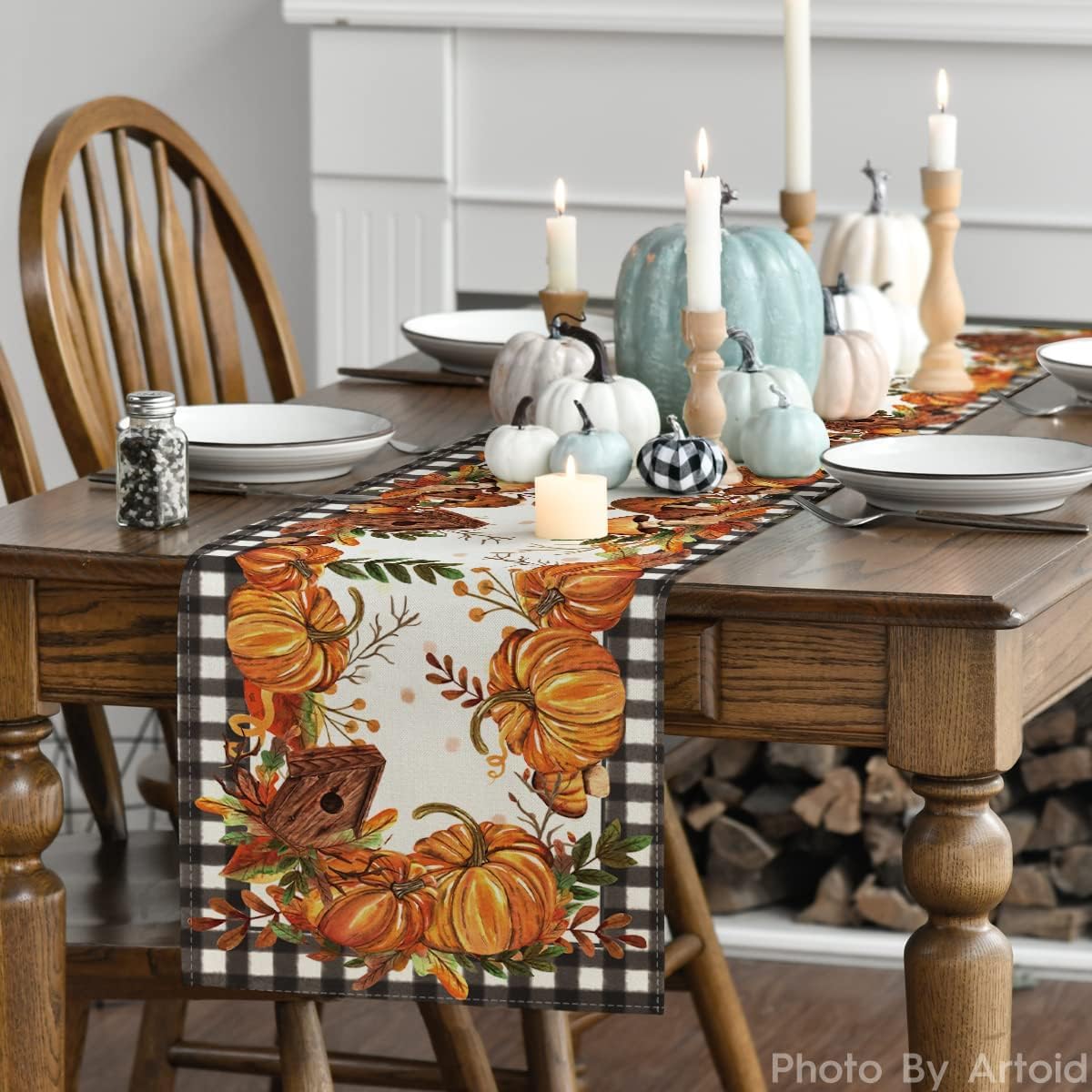 Artoid Mode Buffalo Plaid Pumpkin Mushroom Birdhouse Leaves Fall Table Runner, Autumn Kitchen Dining Table Decoration for Home Party Decor 13x120 Inch