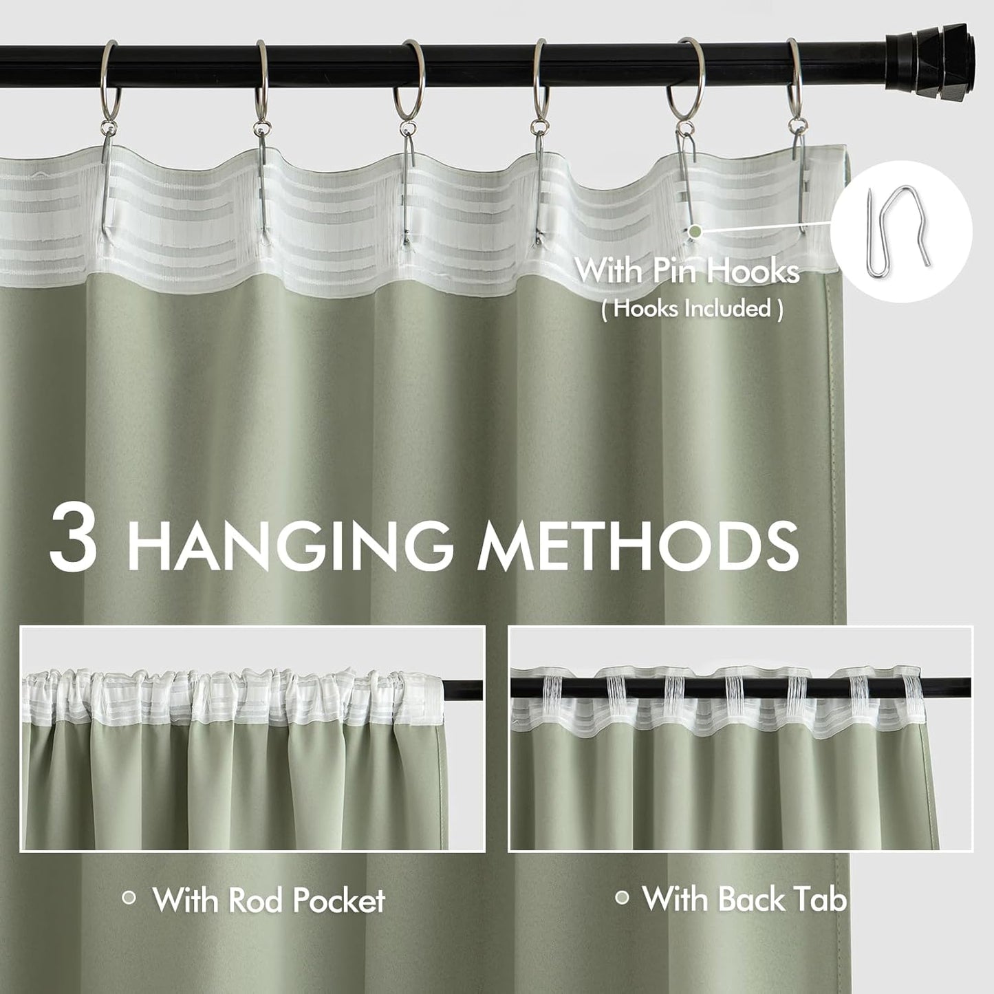 MIULEE Sage Green Back Tab Blackout Curtains 63 Inch Length 2 Panels Set for Living Room Bedroom Privacy, Rod Pocket/Pinch Pleat Thermal Insulated Room Darkening Pleated Light Blocking Drapes