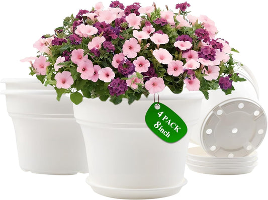 8 Inch Plastic-Flower Pot-for-Indoor Plants, 4 Pack Large Outdoor Planter Pot with Drainage Holes & Saucers, Resin Decorative Garden Pots Planters
