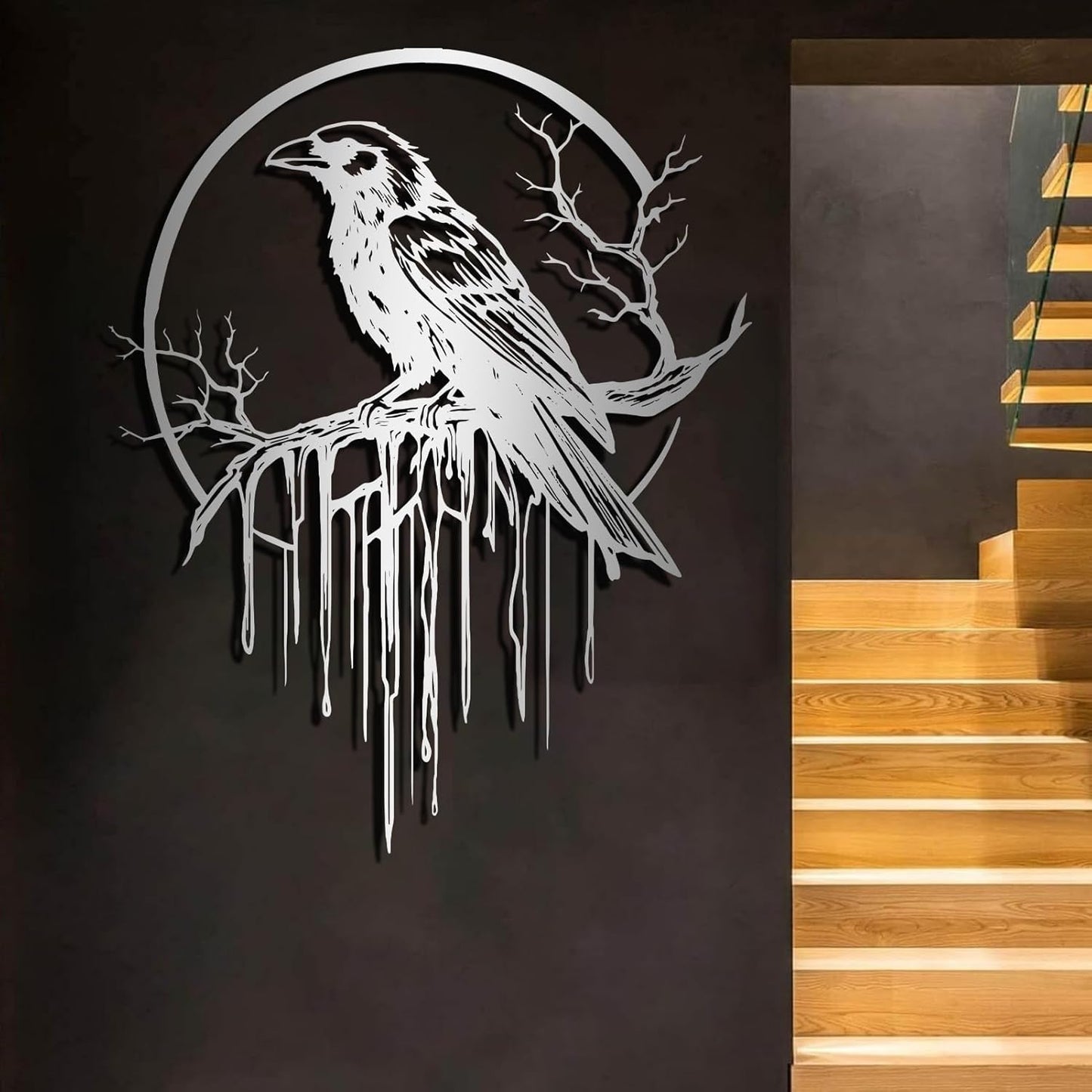 Crow Metal Wall Decor, Raven Wall Art, Large Gothic Raven Decor Hangings, Bird Wall Decor, Metal Tree Branch Decor, Ravens Sign, Raven Art for Living Room (Silver, 24"x19" | 60x48cm, metal wall art)