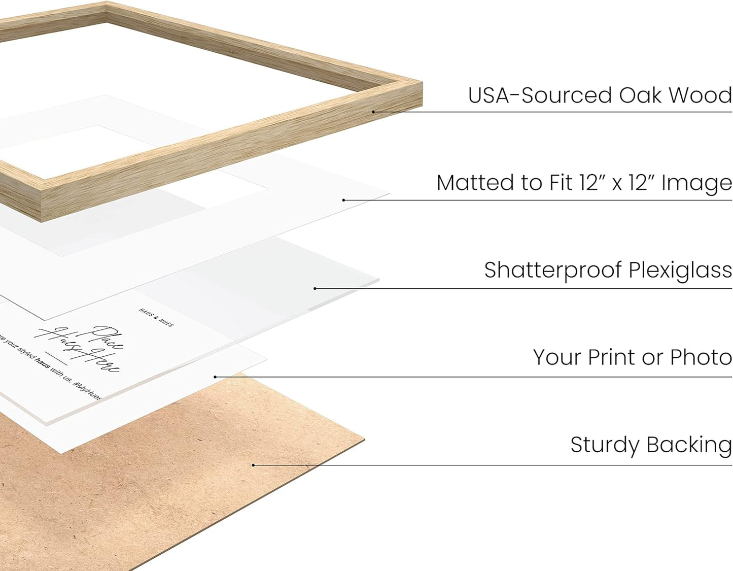 HAUS AND HUES Solid Oak Wood 16”x16” Picture Frames Matted to 12”x12” Set of 3 - Beige Square Frames 16x16, 16 x 16 Print Frames, Natural Wooden 16x16 Picture Frames Square (Beige Oak Frames)