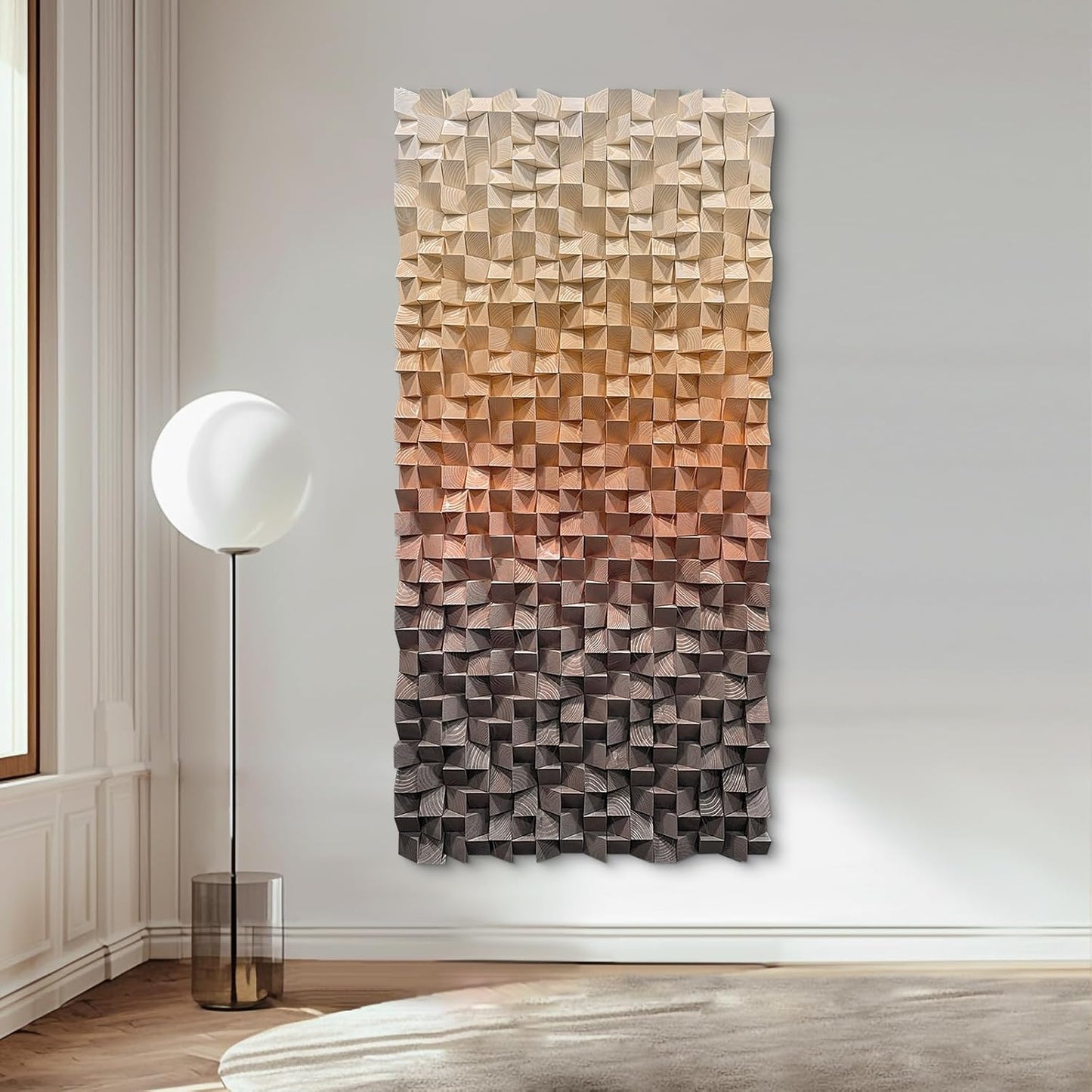 LIUZEYUE - 3D wooden block painting gradient coffee white art background wall wooden block abstract geometric wall decoration living room/bedroom/office modern minimalist style decoration 27.5"x55.1"