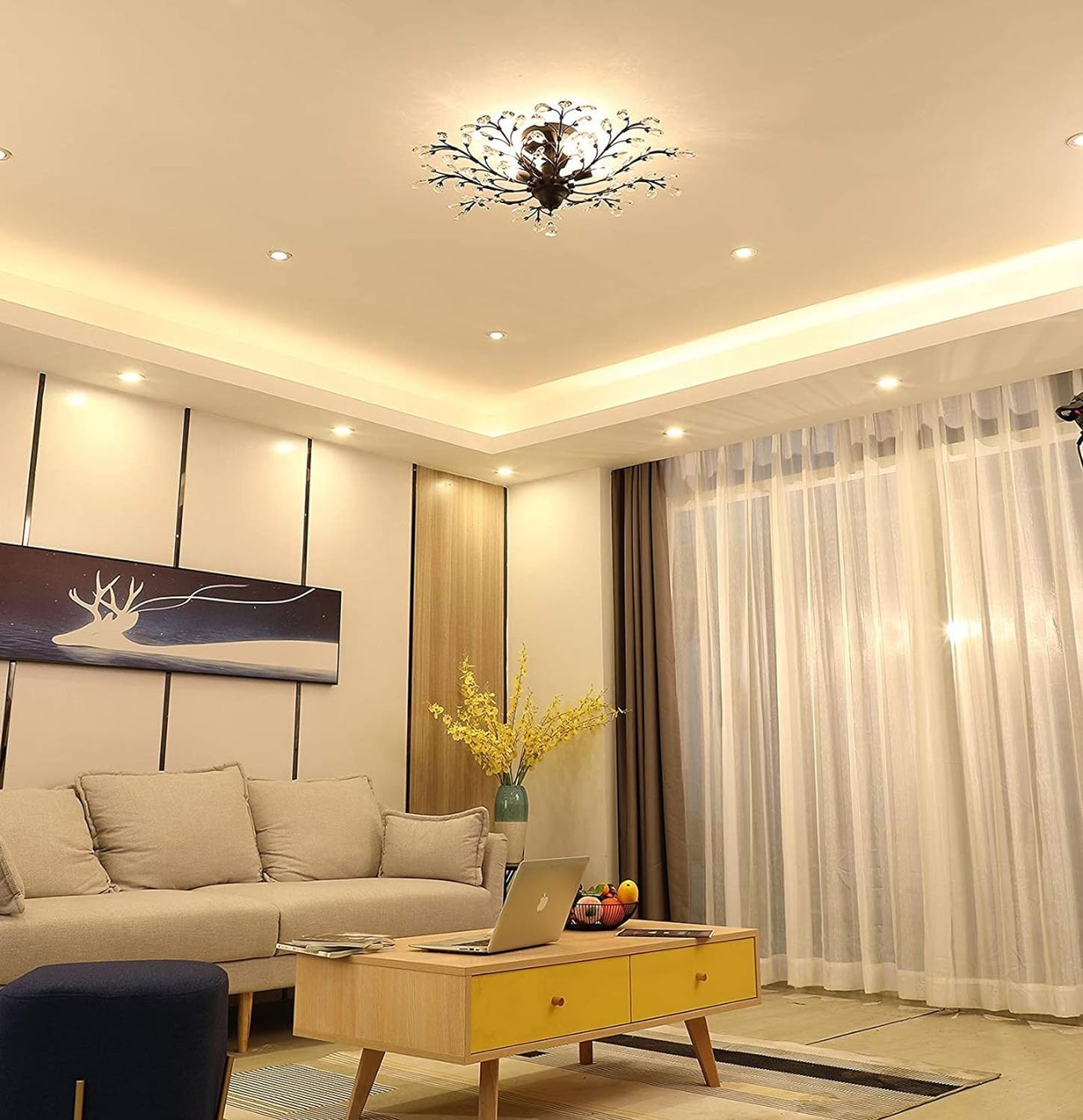 Ganeed Crystal Chandeliers,Vintage K9 Clear LED Ceiling Lighting,Edison Pendant Light Flush Mounted Fixture with 4 Light for Living Room Dinning Room Restaurant Porch Hallway (Black)