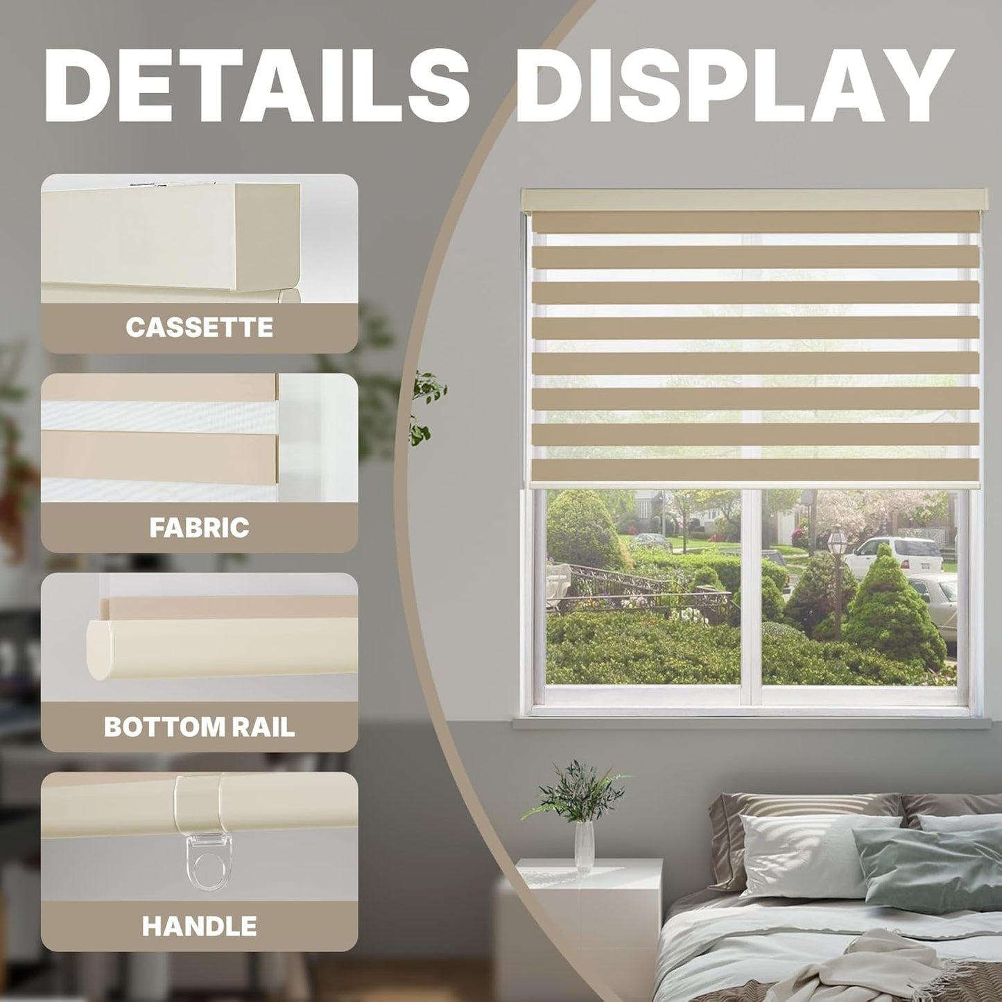 HESTIA Cordless Zebra Blinds Light Filtering Roller Shades UV Blocking Blackout Privacy Indoor Window Shades for Home Office Day and Night, Beige,35" W x 54" H