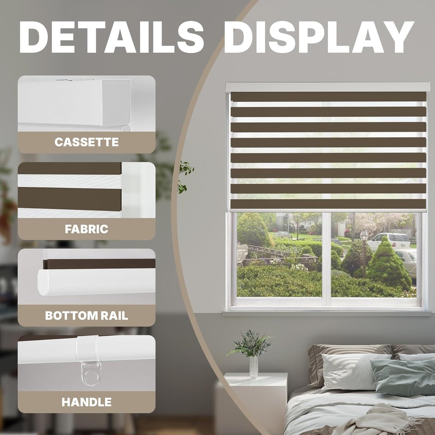 HESTIA Cordless Zebra Blinds Light Filtering Roller Shades UV Blocking Blackout Privacy Indoor Window Shades for Home Office Day and Night, Brown,38" W x 54" H