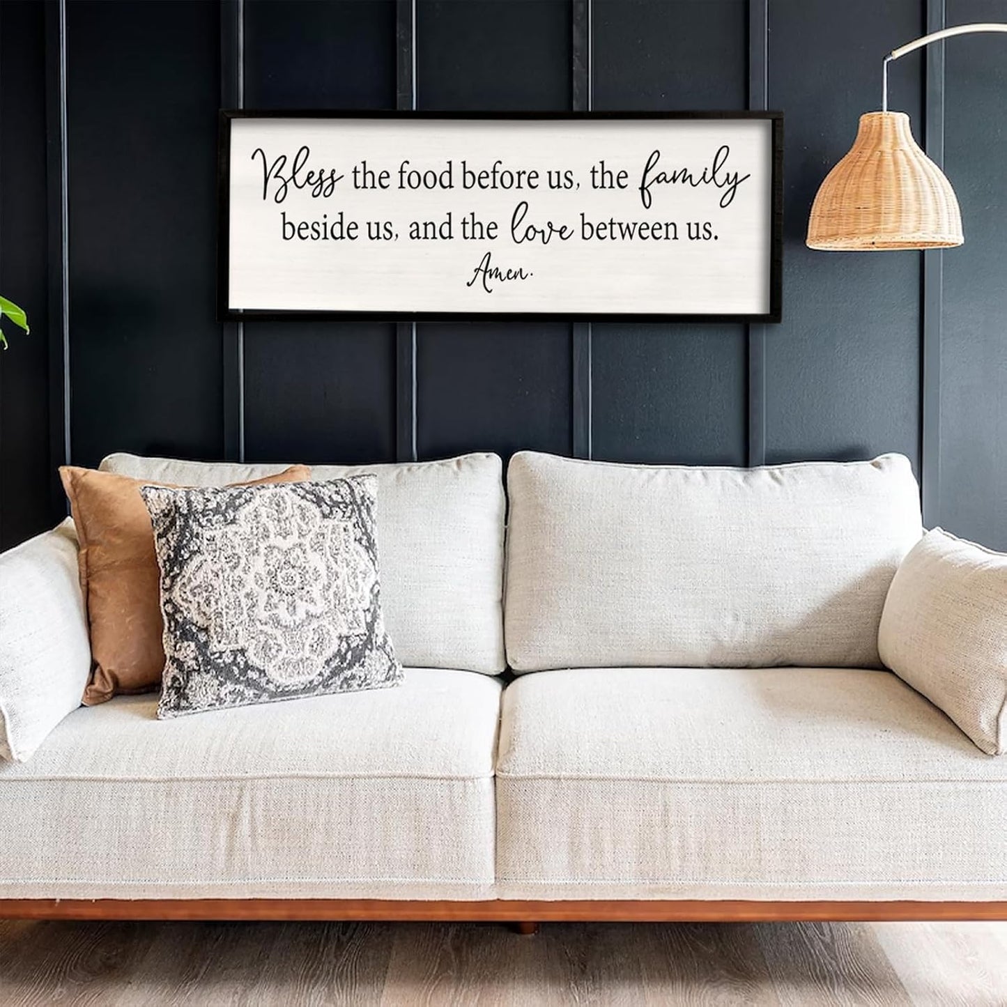 Bless the Food Before Us Sign Wall Decor 32''×12'' Large Farmhouse Dining Room Wall Decor Framed Wood Rustic Home Wall Art Kitchen Decoration (Black)