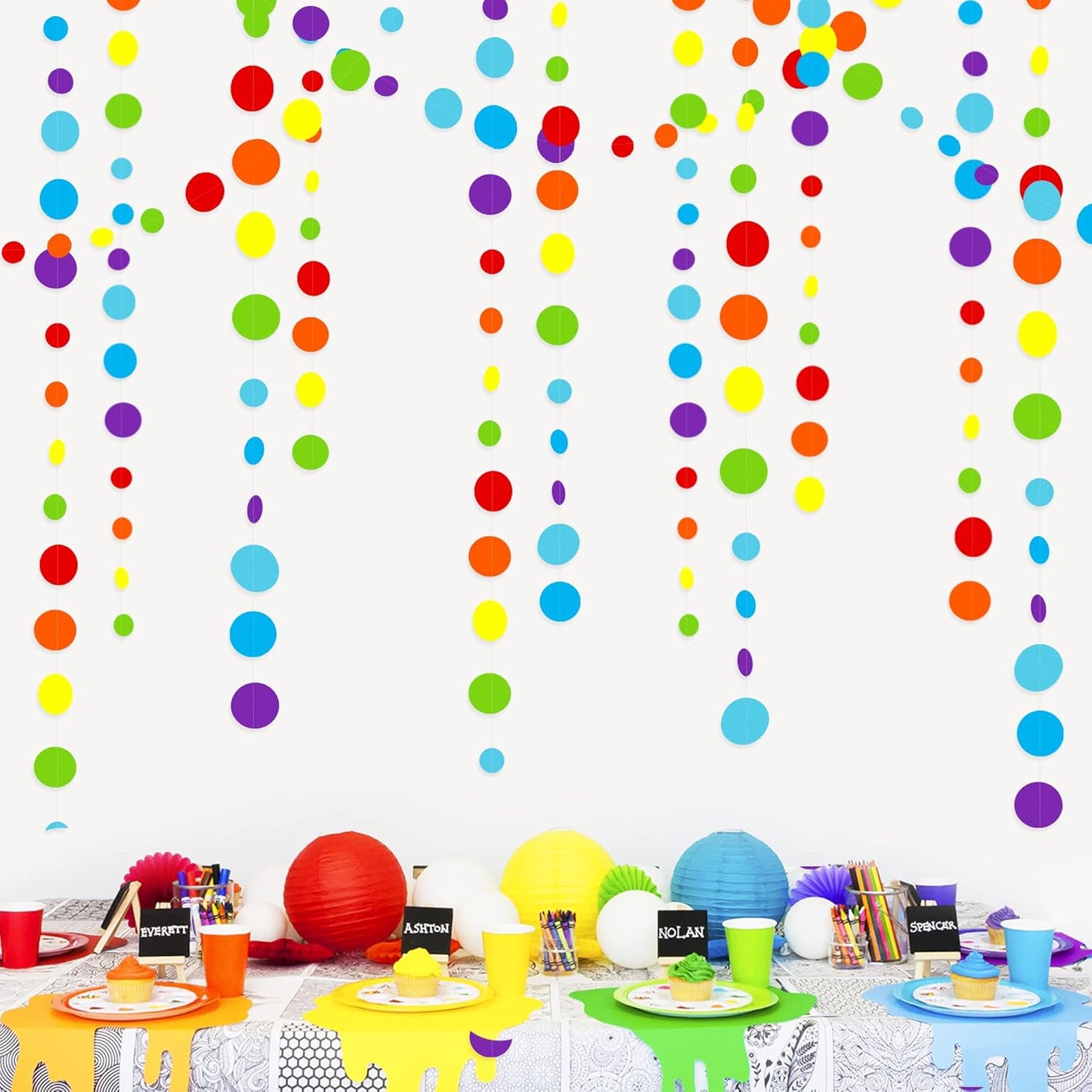 46Ft Rainbow Garland Colorful Circle Dots Hanging Paper Streamer Backdrop Multi Color Polka Dot Banner for Birthday Bachelorette Engagement Wedding Bridal Baby Shower Fiesta Party Decorations Supplies