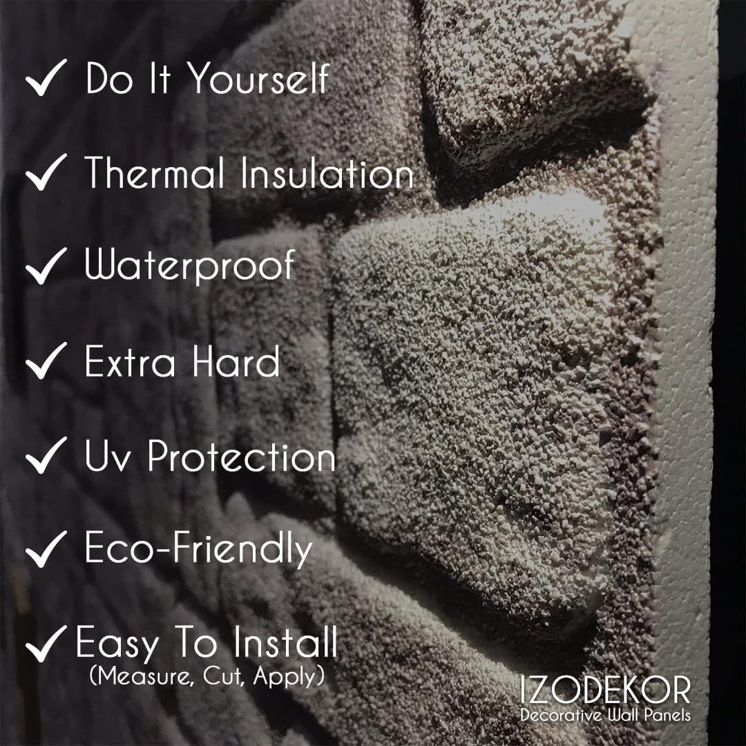 IZODEKOR 3D Wall Panels Brick Effect - Cladding, Stone Look, Styrofoam Facing for Living Room, Kitchen, Bathroom, Balcony, Bedroom and Back of Counter | Old Castle (3 Piece Panel) | Covers 16 sq ft