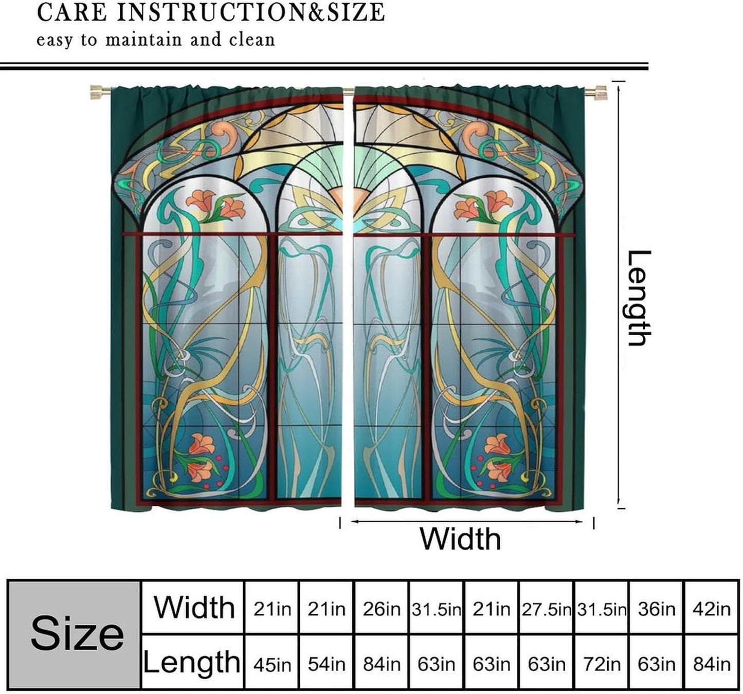 Stained Glass Curtains, Retro Mid Century Boho Abstract Art Home Decor Drapes for Bedroom Living Room Kitchen Window Treatment 2 Panels Set Total Size 42" W X 63" L Inch