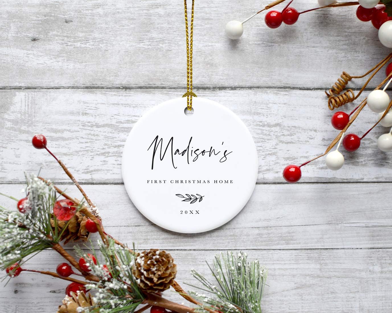 Andaz Press Personalized Adoption Round Ceramic Porcelain Christmas Tree Ornament Keepsake Collectible Gift, Madison's First Christmas Home 2024, Antique Handdrawn, 1-Pack