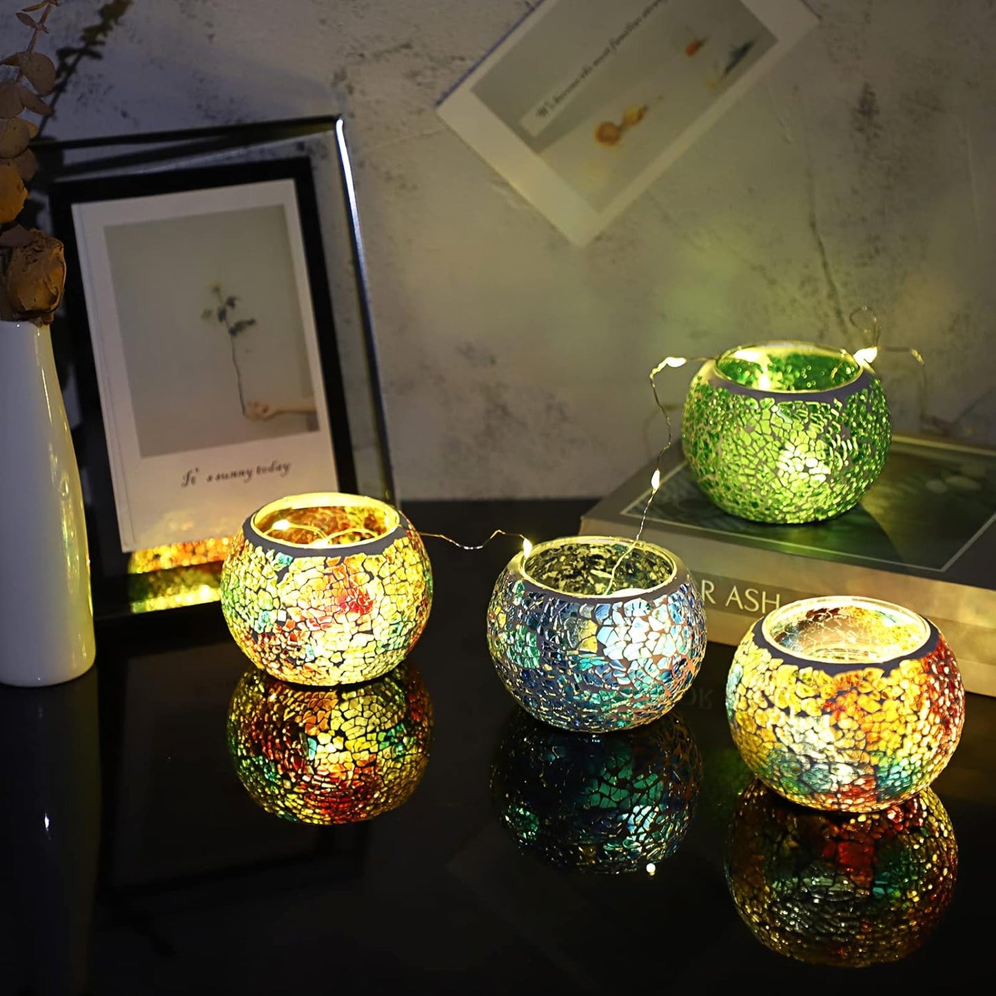 OwnMy 6PCS Mosaic Glass Tealight Holders: Round Votive Candle Holders & Stands for Table Centerpieces, Multicolor Glass Mosaic Tealight Holders, Small Potted Plant Bowl Candle Vases