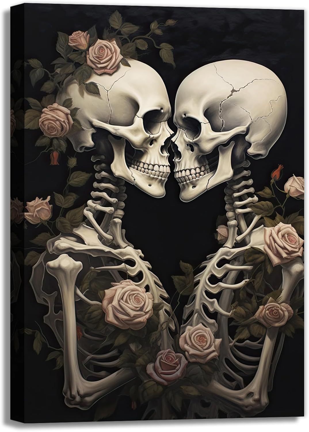 OAAPITI Vintage Skeleton Canvas Wall Art Gothic Painting Artwork Retro Rose Skull Art Poster Abstract Romantic Theme Picture Halloween Living Room Decor(Artwork-4,28"x42")
