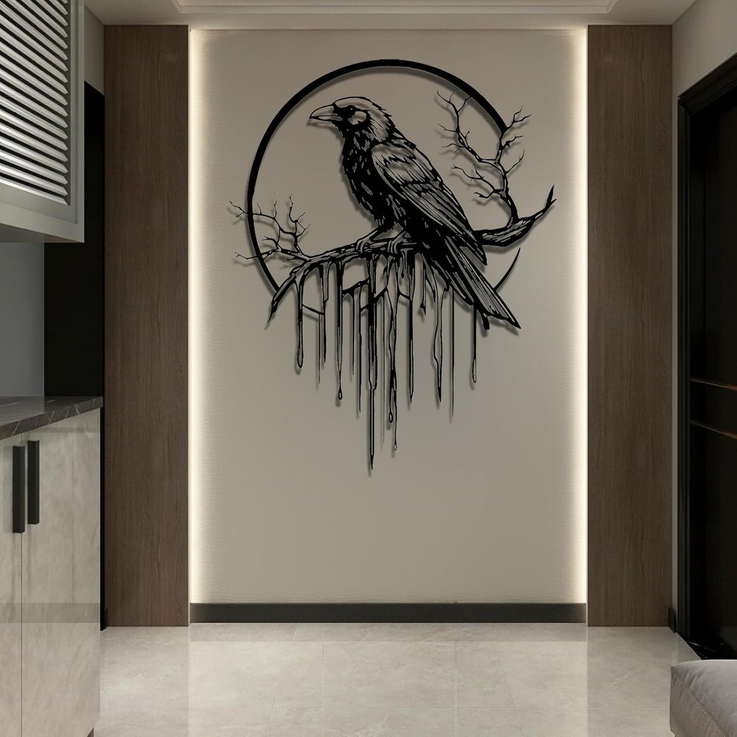 Crow Metal Wall Decor, Raven Wall Art, Large Gothic Raven Decor Hangings, Bird Wall Decor, Metal Tree Branch Decor, Ravens Sign, Raven Art for Living Room (Gold, 28"x22" |70x56cm, metal wall art)