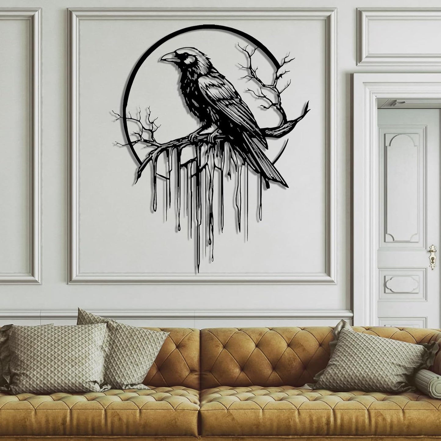 Crow Metal Wall Decor, Raven Wall Art, Large Gothic Raven Decor Hangings, Bird Wall Decor, Metal Tree Branch Decor, Ravens Sign, Raven Art for Living Room (Silver, 35"x28" | 90x72cm, metal wall art)