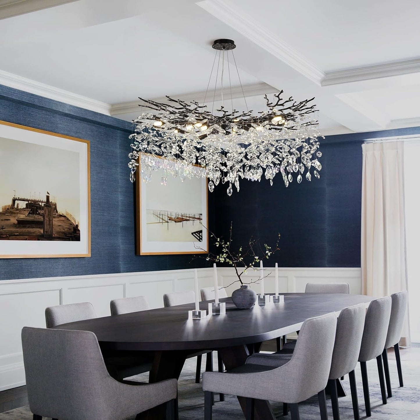 Modern Black Crystal Tree Branch Chandelier,14-Light 40" Black K9 Crystal Chandeliers for Living Room, Round Chandelier for Dining Room,High Ceiling,Kitchen Island,Foyer,Staircase