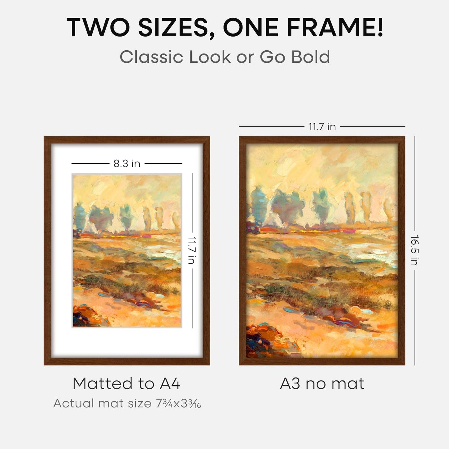 Homeforia A3 Picture Frame Brown Wood, High-End Dark Oak 11.7 x 16.5 Poster Walnut Frames Matted to 8.3 by 11.7 inch Photo, A3 Size Wooden Frame with Mat for A4 Art, Tempered Glass, Wall Kit, Set of 1