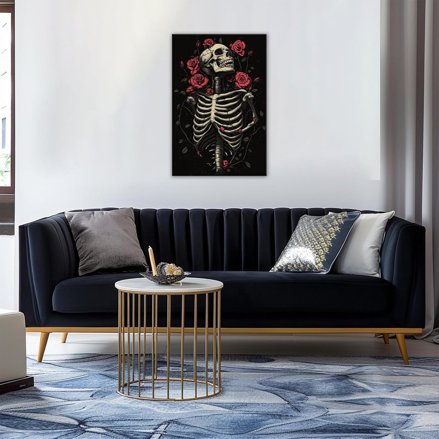 OAAPITI Gothic Skull Wall Art Skeleton and Roses Canvas Pictures Print Vibrant Dark Art Decor for Bedroom Living Room Bathroom(Artwork-6,16"x24")
