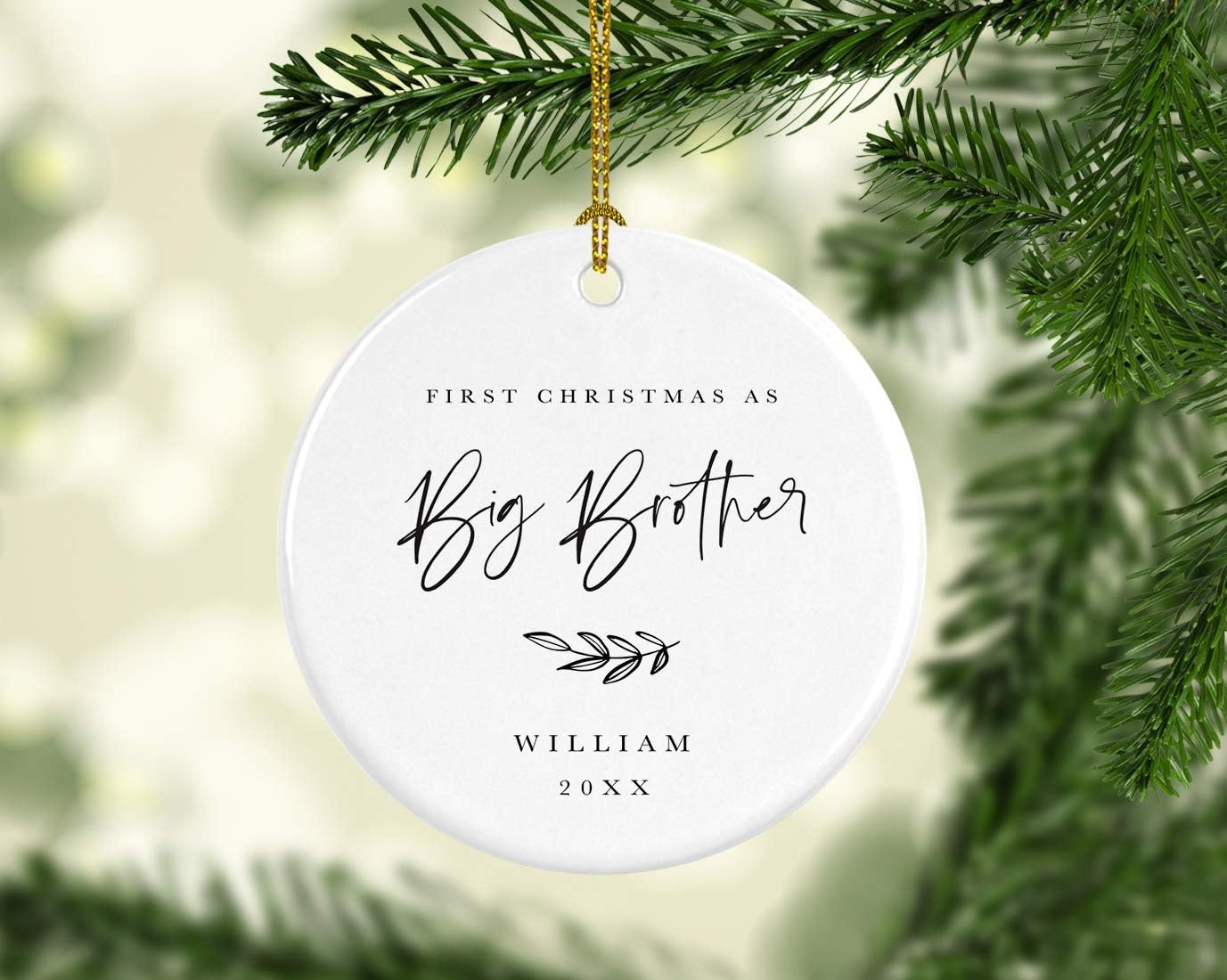 Andaz Press Personalized Sibling Round Ceramic Porcelain Christmas Tree Ornament Keepsake Collectible Gift, First Christmas as Big Brother William 2025, Antique Handdrawn, 1-Pack