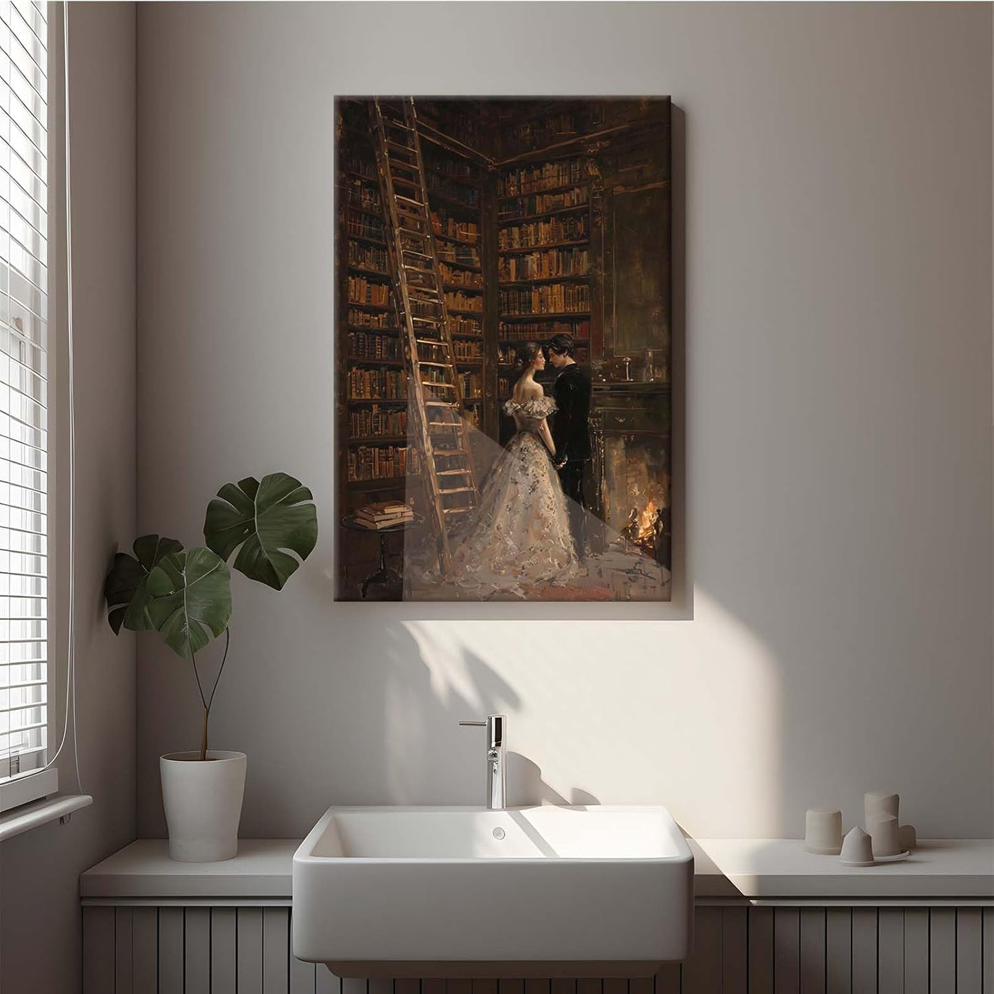 Gothic retro library scene decoration melancholy calm art college style wall aesthetic antique style home decoration suitable for bedroom living room24x36in Wood Framed