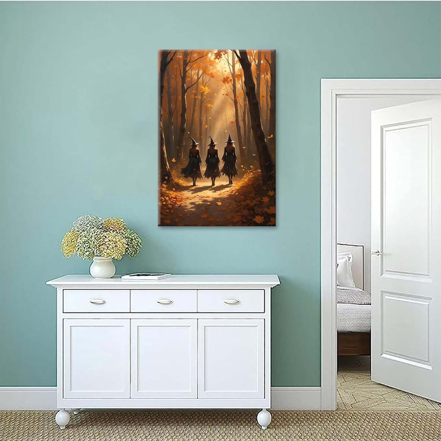 Three witches walking in the forest in autumn canvas painting gothic poster halloween print country witch wall art for home decoration28x40in Wood Framed