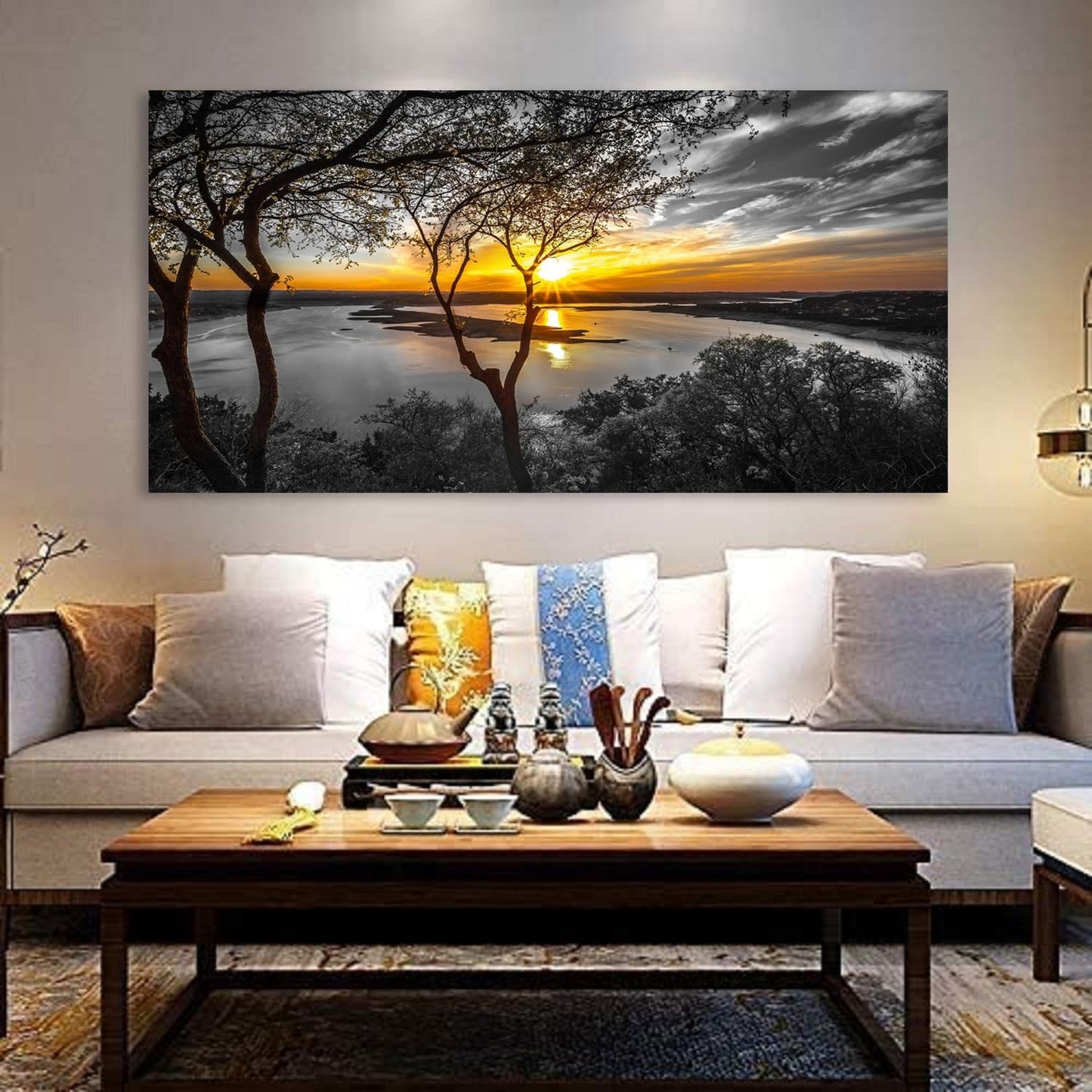 Bamdeya Black and White Canvas Wall Art Bedroom Lake Tree Print Art Forest Gold Sunset Poster Picture Natural Scenery Artwork Landscape Painting Living Room Wall Decor Modern Home Decor Framed