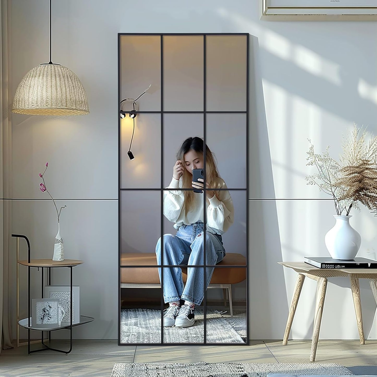 Windowpane Mirror Full Length 65"x24" Art Pane Wall Mirror Farmhouse Decorative Leaning Hanging Wall Mounted for Bedroom Living Room Entrance