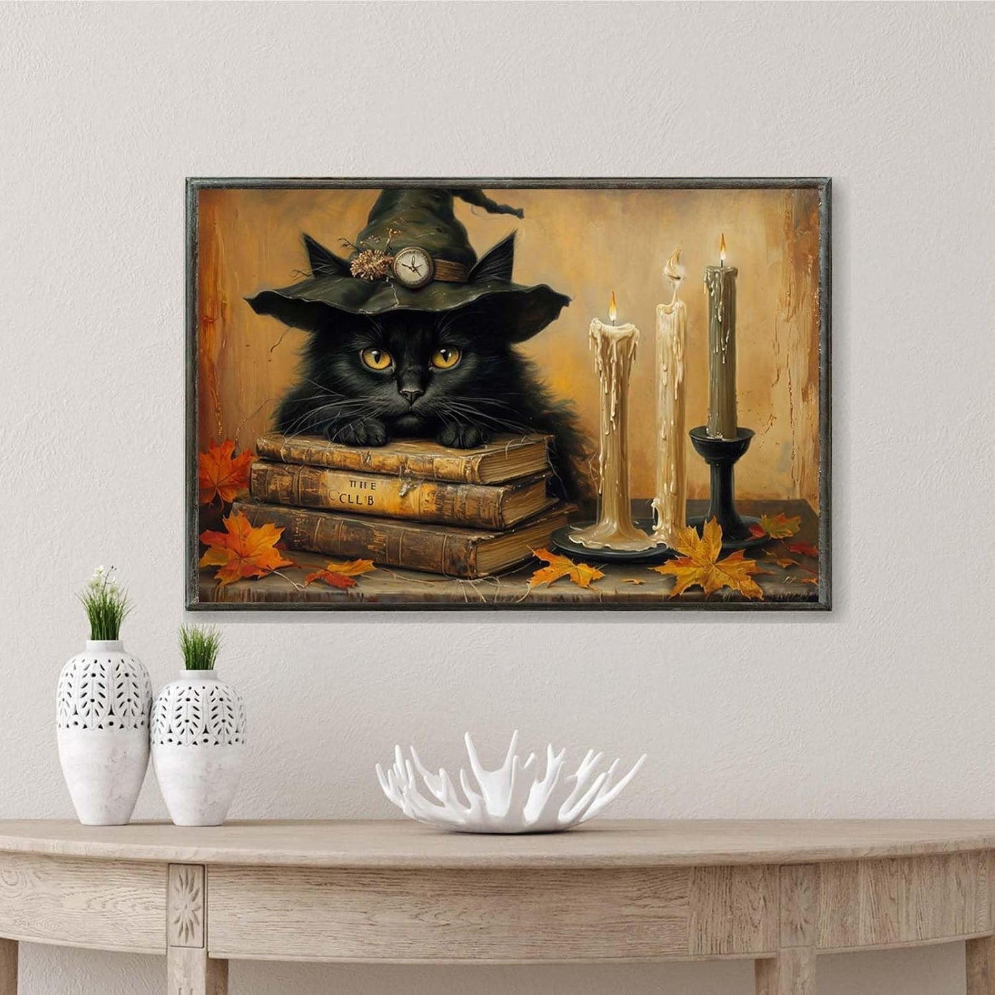 JFHCQJPK Vintage Halloween wall decoration black cat and magic book suitable for home bedroom living room decoration dark classic art witch wall decoration24x36in Metal blackFramed