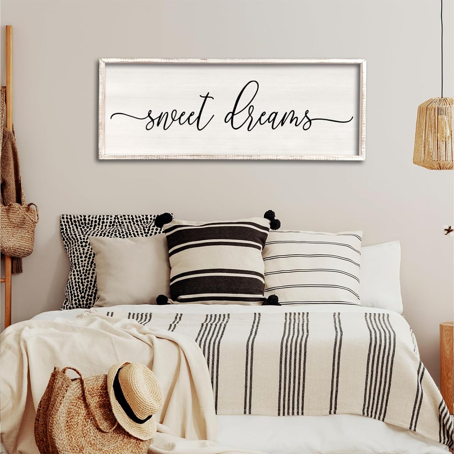 Sweet Dreams Wall Decor Above Bed 32''×12'' Master Bedroom Large Sweet Dreams Sign Farmhouse Wall Decor Guest Room Wood Rustic Framed Wall Art Hanging Decoration (White)