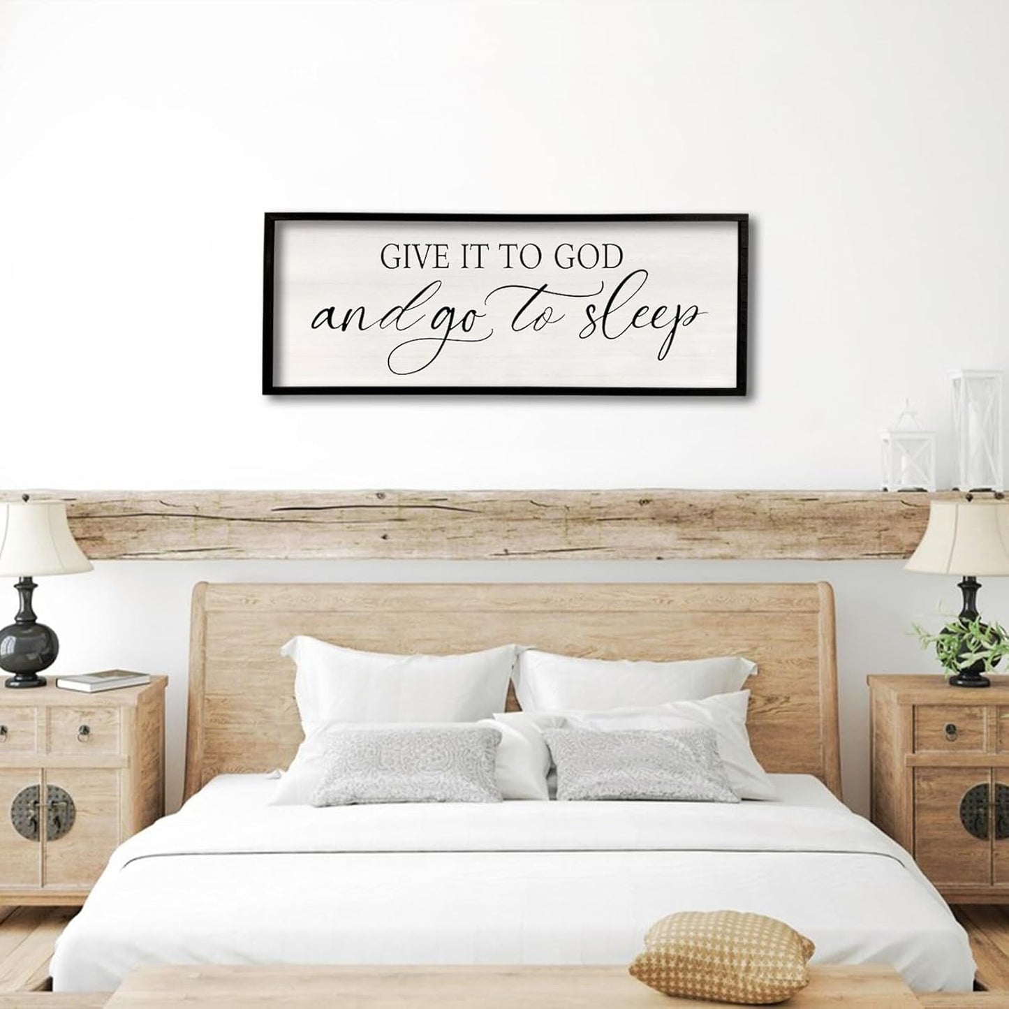 comurdyo Give It To God And Go to Sleep Sign 40''×15'' Master Bedroom Above Bed Wall Decor Wood Framed Couple Large Farmhouse Guest Room Rustic Simple Over Bedside Wall Art Hanging Decor (Black)