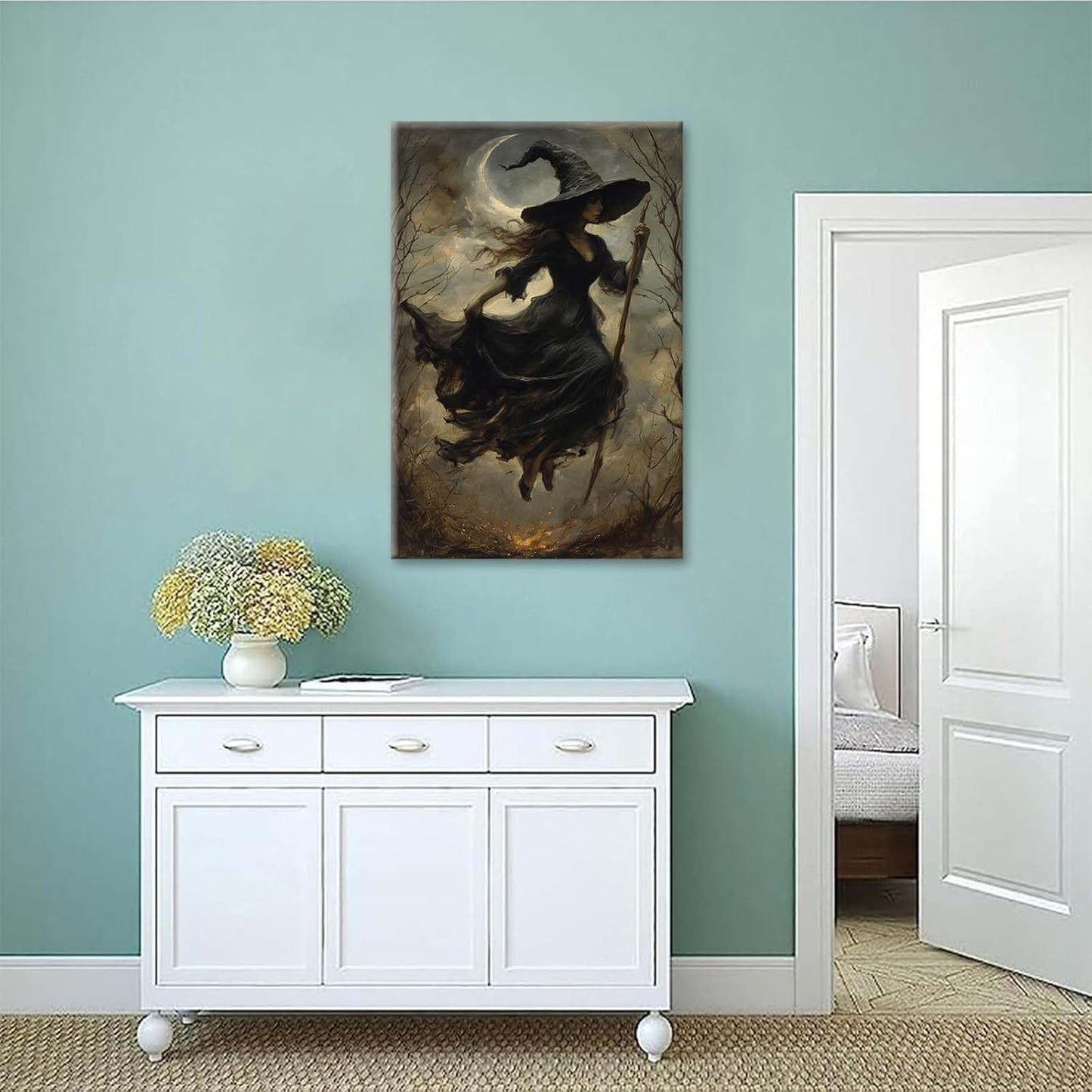 JFHCQJPK Witch in the Forest Halloween Print Wall Art Poster Witch Decor Vintage Print Dark College Wall Art Victorian Gothic Room Decor Canvas Wall Print24x36in Frameless