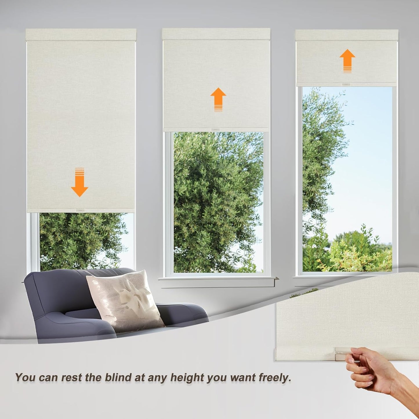 Persilux Blackout Shades for Windows Cordless Roller Blinds, Roller Windows Shades for Home with Fabric Attached Valance, UV Protections Easy Installation for Door/Office, Limestone(87.5" W x 72" H)