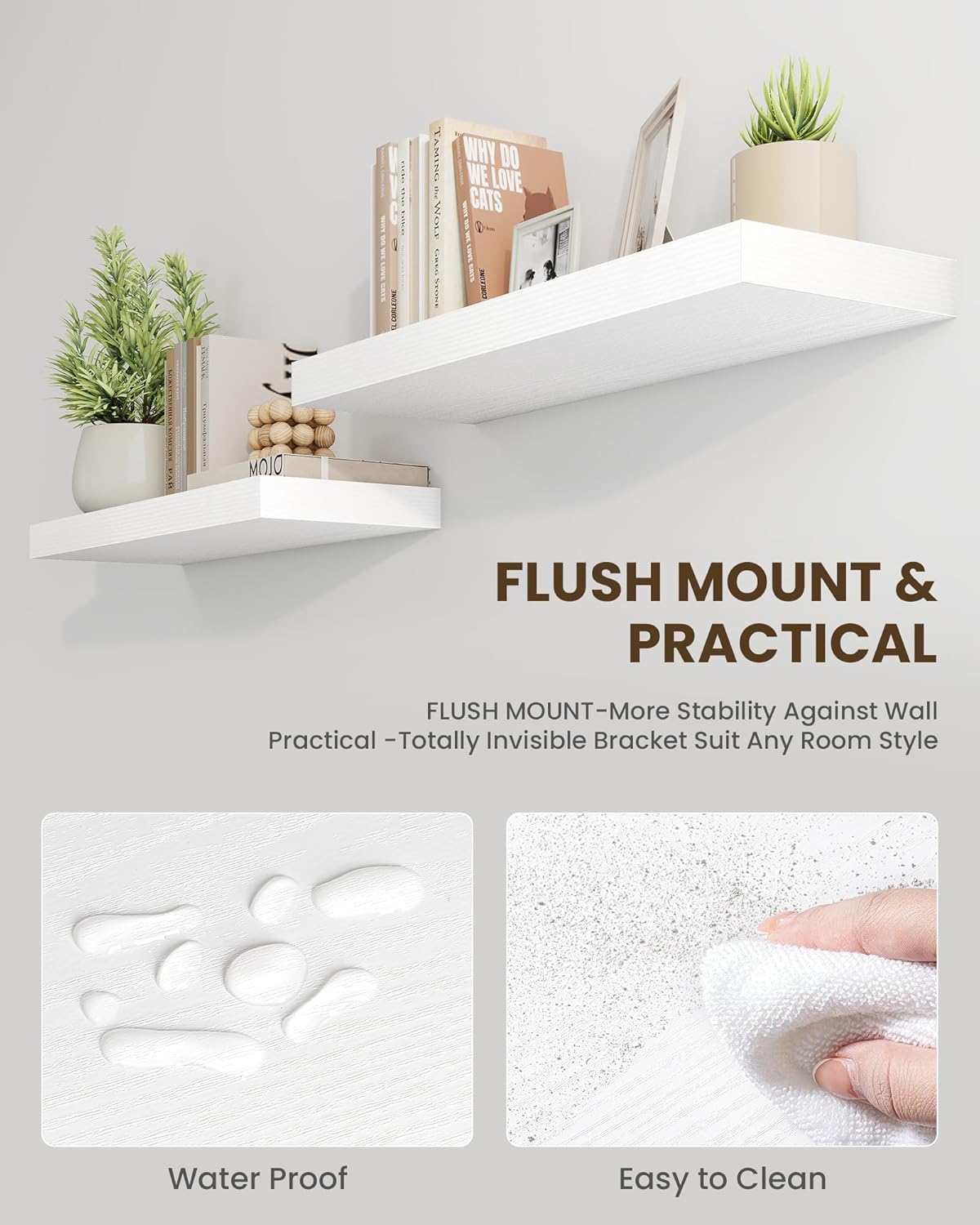 Marsmiles 31.5" Floating Shelves for Wall, Wooden Shelves with Invisible Brackets Set of 2, Rustic Farmhouse Wall Mounted Shelf for Kitchen Bathroom Living Room Study, White