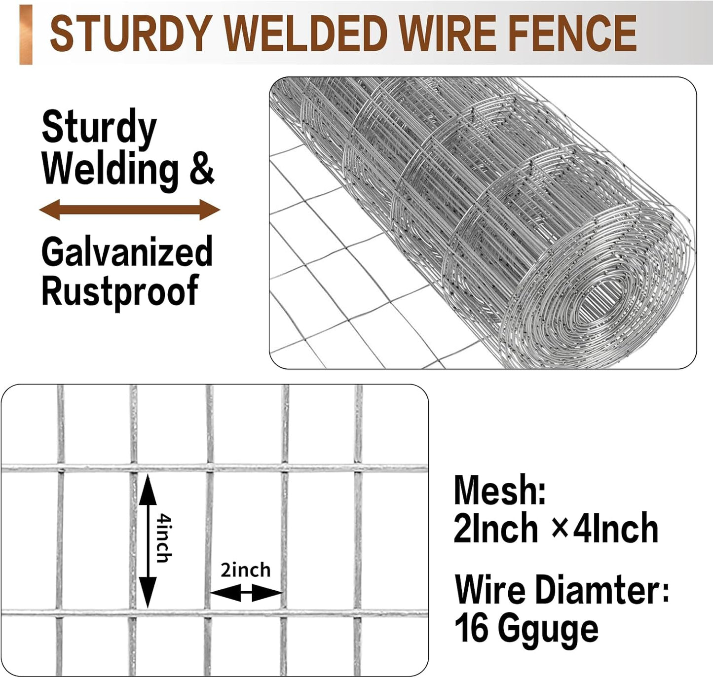 Tongmo 4 ft x 100 ft Galvanized Welded Wire Fence, 16GA Garden Chicken Wire Fence Roll, Mesh Size 2" x 4"Hardware Cloth, Ideal for Yard Protection and Poultry Netting