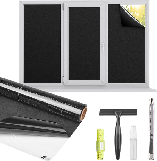 Kromapolis Blackout Window Privacy Film Total Light Blocking Room Darkening Window Covering, Removable Static Cling Frosted Glass Tint, Non-Adhesive, Black 11.8'' x 157.4''