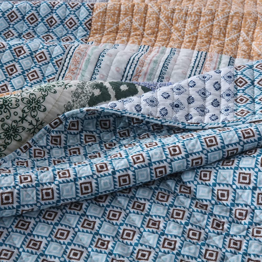 Autumn Dream Cotton Bedspread Quilt Sets Reversible Bedding Coverlet Sets Comforter, Vintage Floral Patchwork Red Blue Bedspread, King Size (Blue Bohemian Patchwork, Queen (90 by98 Inch))
