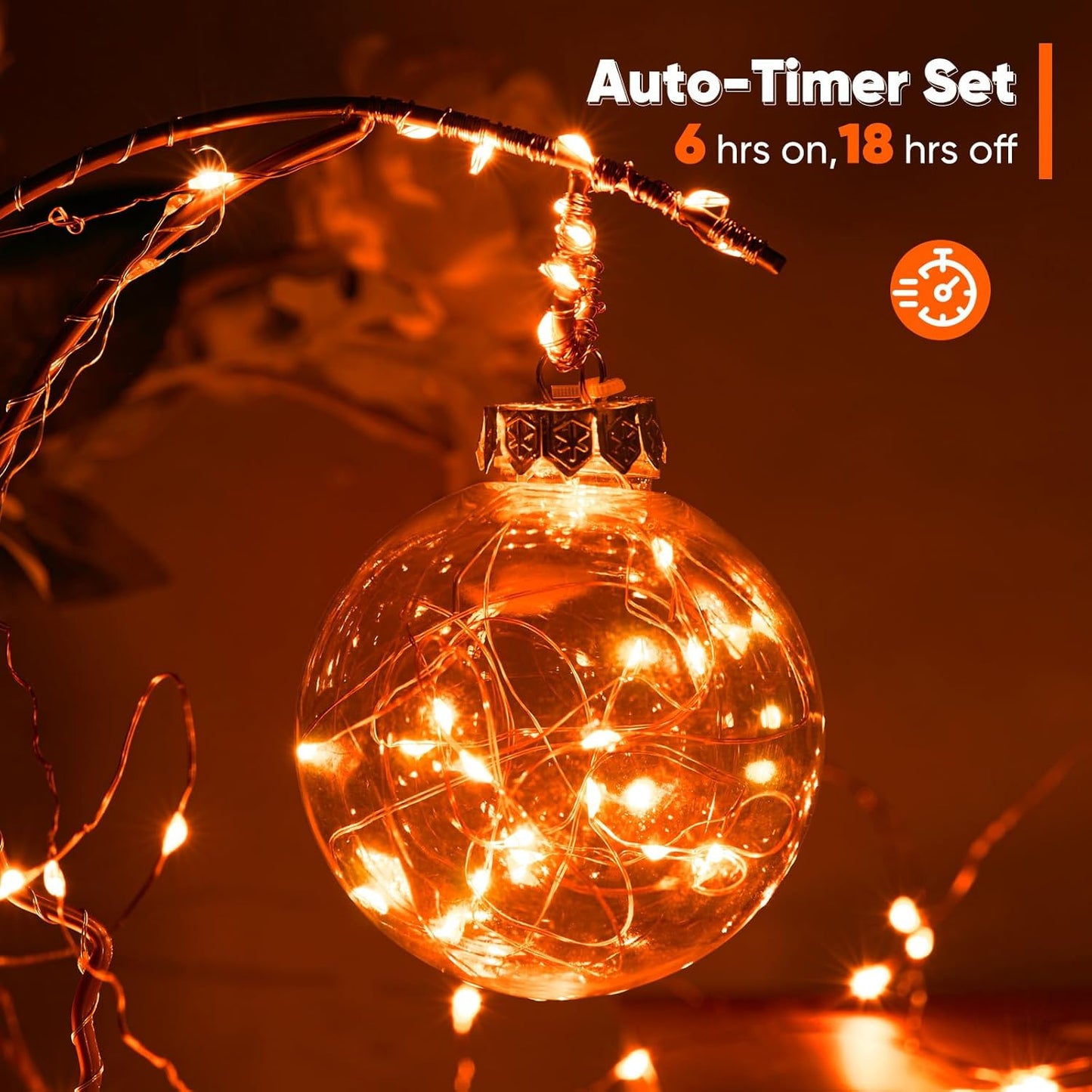 2 Pack 65.6 Ft. Battery Operated Outdoor String Lights with Remote & Timer, LED Orange Fairy Lights, Waterproof Twinkle Lights for Bedroom, Dorm, Mason Jar, Wedding, Party, Christmas
