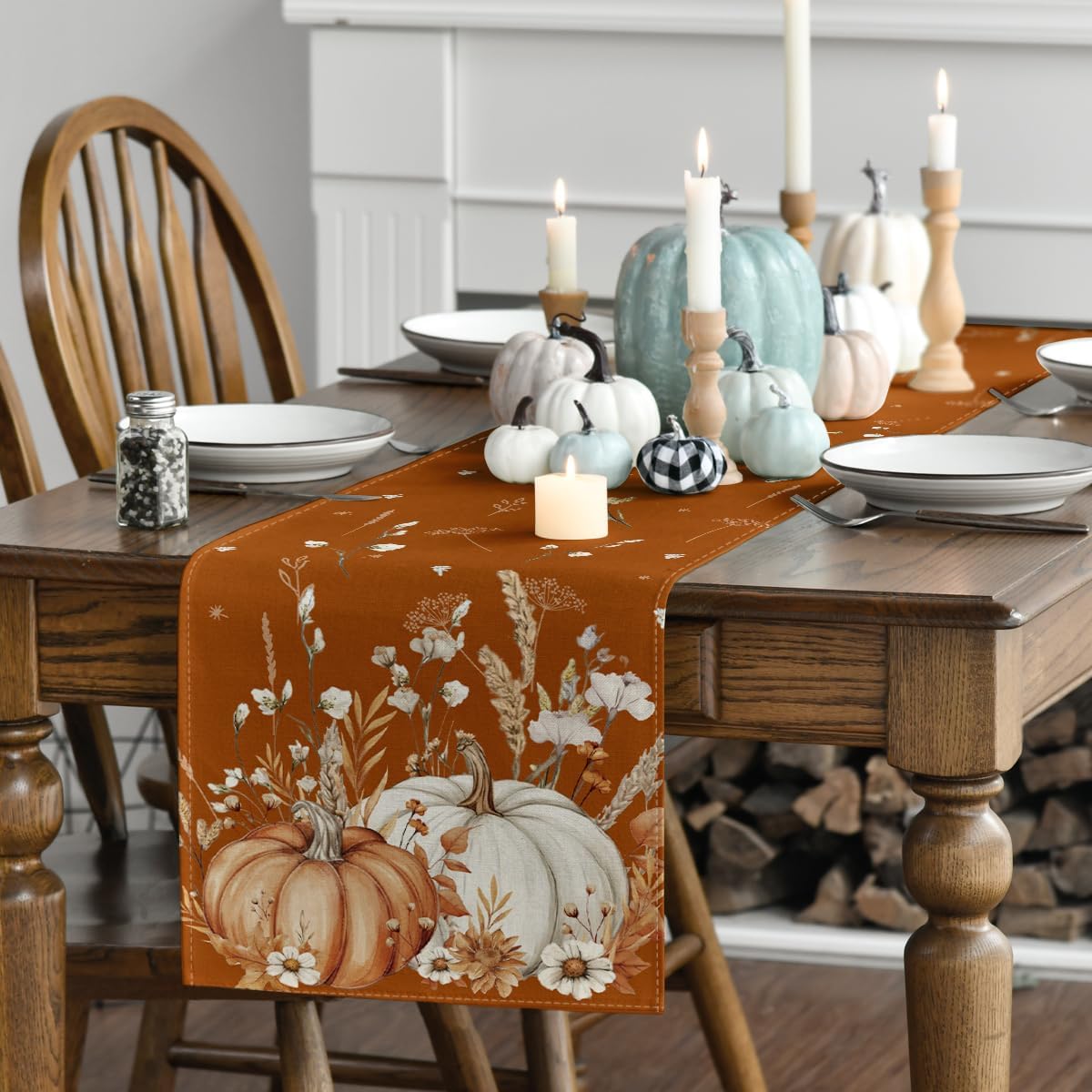 Artoid Mode Orange Pumpkins Leaves Flowers 210 GSM Fall Table Runner, Seasonal Autumn Kitchen Dining Table Decoration for Home Party Decor 13x36 Inch