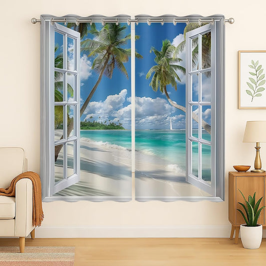 Beach Blackout Curtains for Girls Boys Teens Home Decor, Tropical Summer Scene Ocean Island Palm Tree Grommet Thermal Insulated Drapes Darkening Window Curtain for Bedroom Living Room, 72 x 63 Inch
