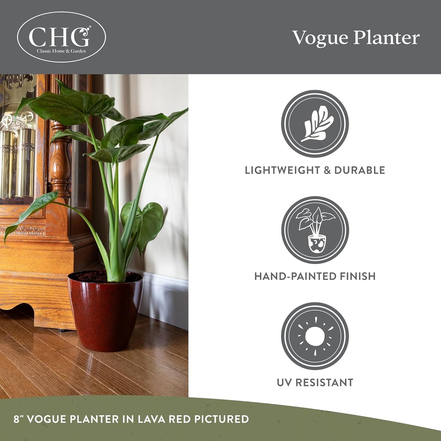 Classic Home and Garden Vogue Planter Pots w/Pottery Quality Finish - Modern Indoor & Outdoor Flower Pots - UV-Resistant Porch Planters - Decorative Pot for Flowers & Herbs (8” Earth)