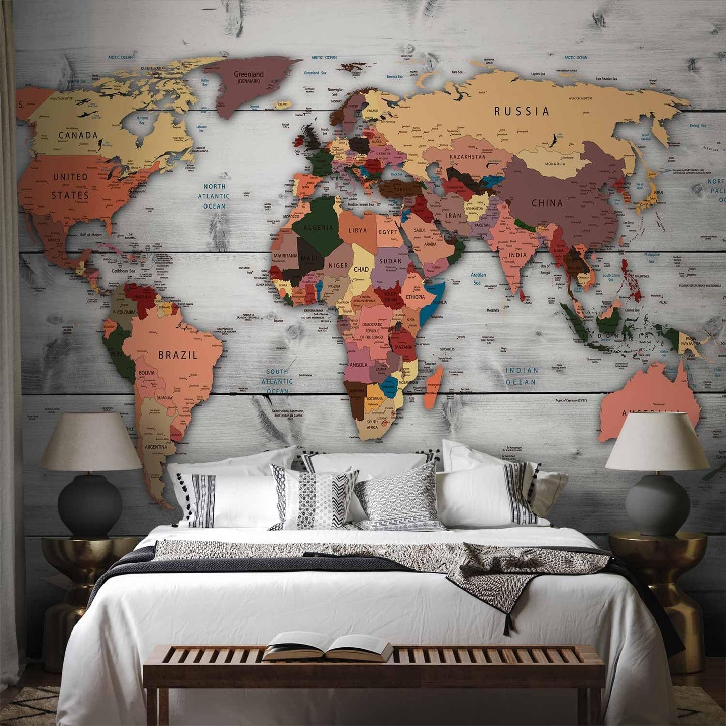 artgeist Premium Wall Mural World Map 79x55 in - XXL Non-Woven Wallpaper Fleece Wall Decor Photo Print Picture Image Design Home Map of The World k-B-0009-a-c