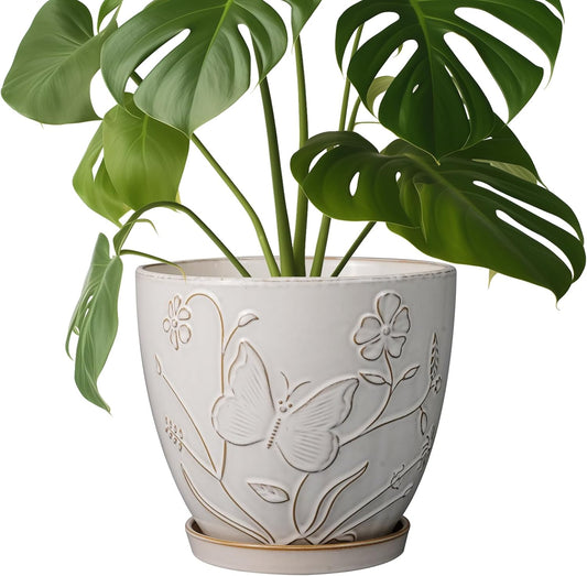 8 Inch Ceramic Pots for Plants Large Planter Pot with Drainage Hole and Saucer Round Flower Pot for Indoor Outdoor Decor, White