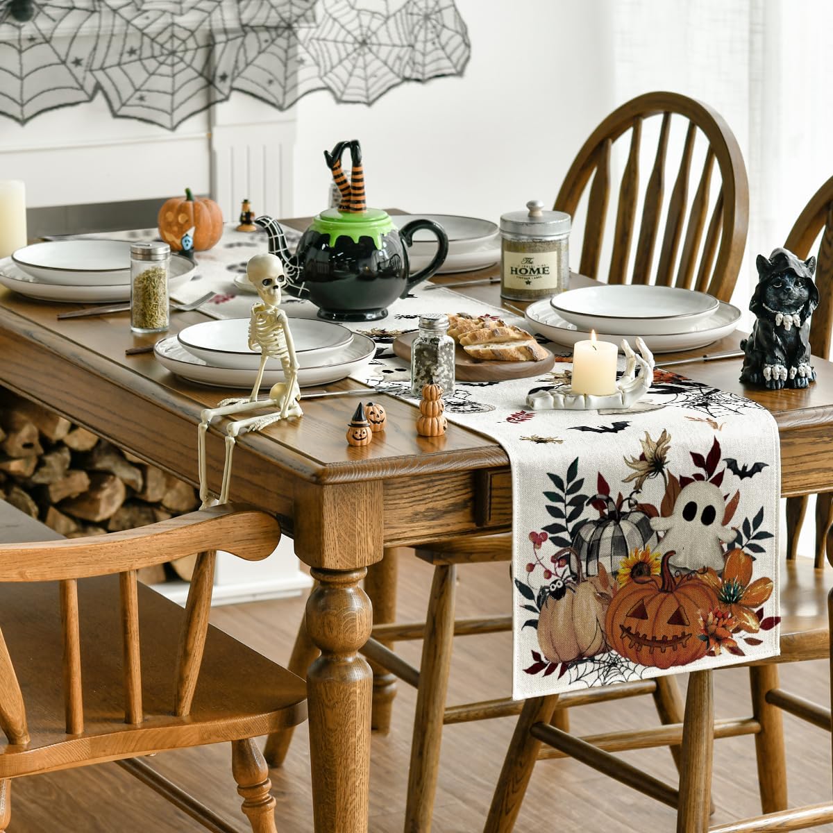 Artoid Mode Pumpkin Ghost Leaves Spider Web 210 GSM Halloween Table Runner, Spooky Kitchen Dining Table Decoration for Home Party Decor 13x48 Inch