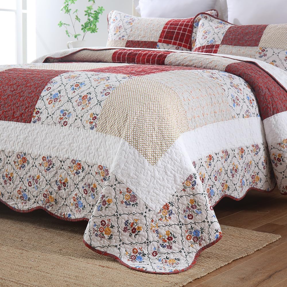 Cotton Bedspread Quilt Bedding Sets 3 Pieces Reversible Coverlet Sets Comforters Vintage Red White Rose Floral Patchwork Bedspread, King Size